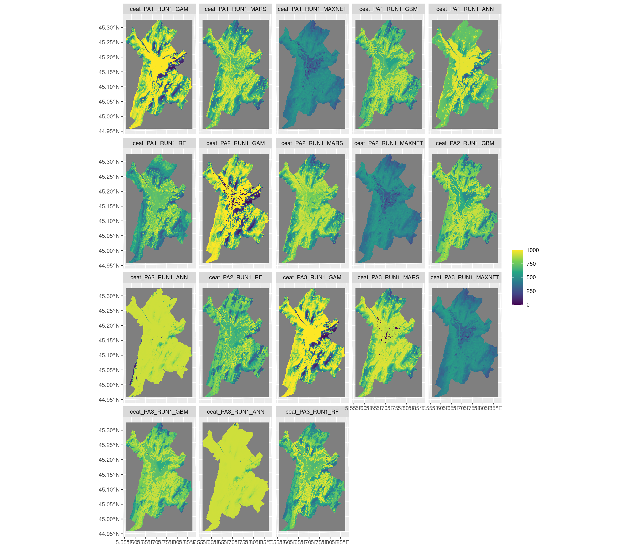 Projection de la distribution potentielle contemporaine sur la métropole de Grenoble, selon les 6 algorithmes et les 3 runs.
