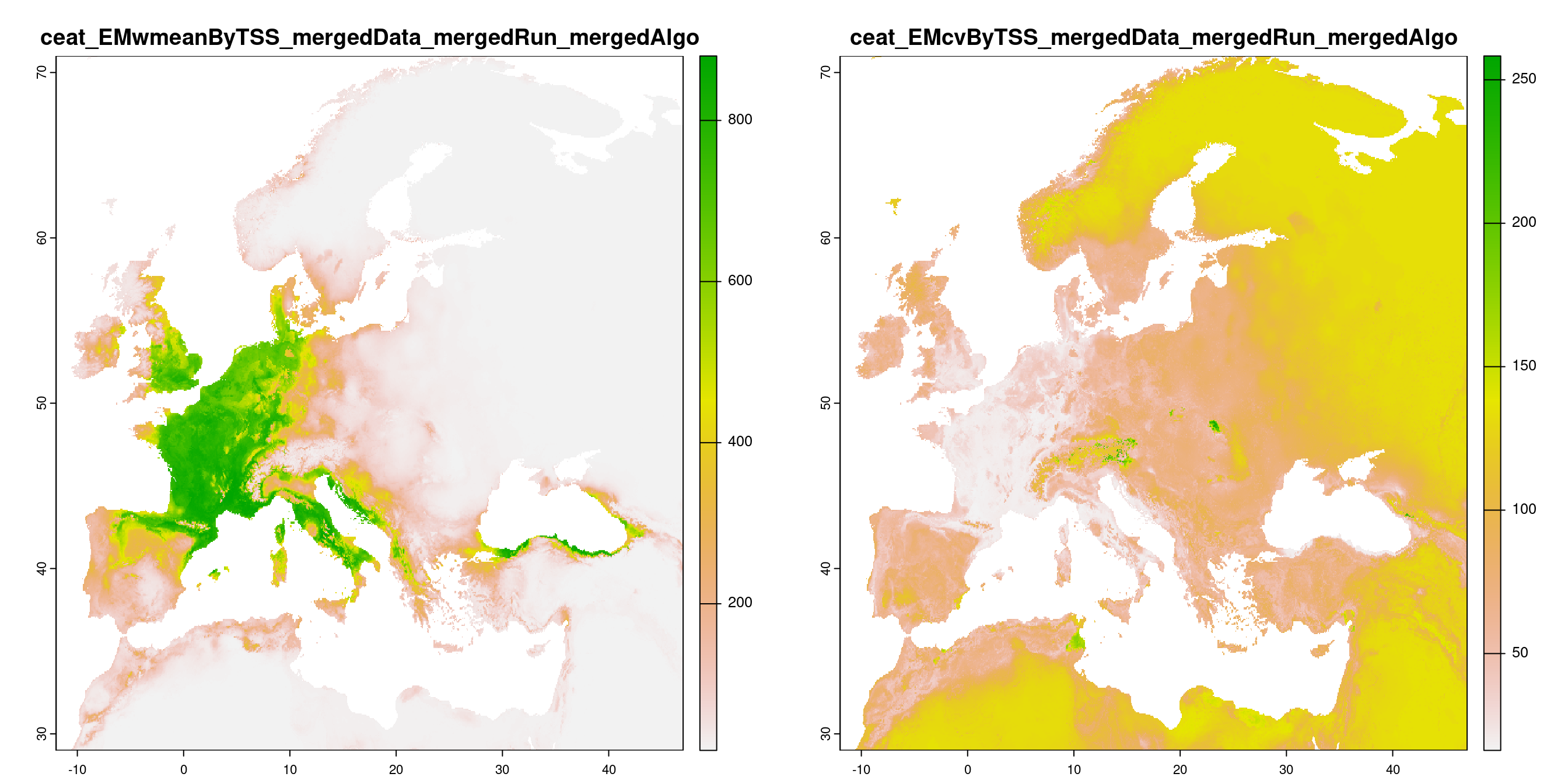 A) Projection de la distribution potentielle contemporaine (modèle d'ensemble) ; B) Incertitude associée à la projection.