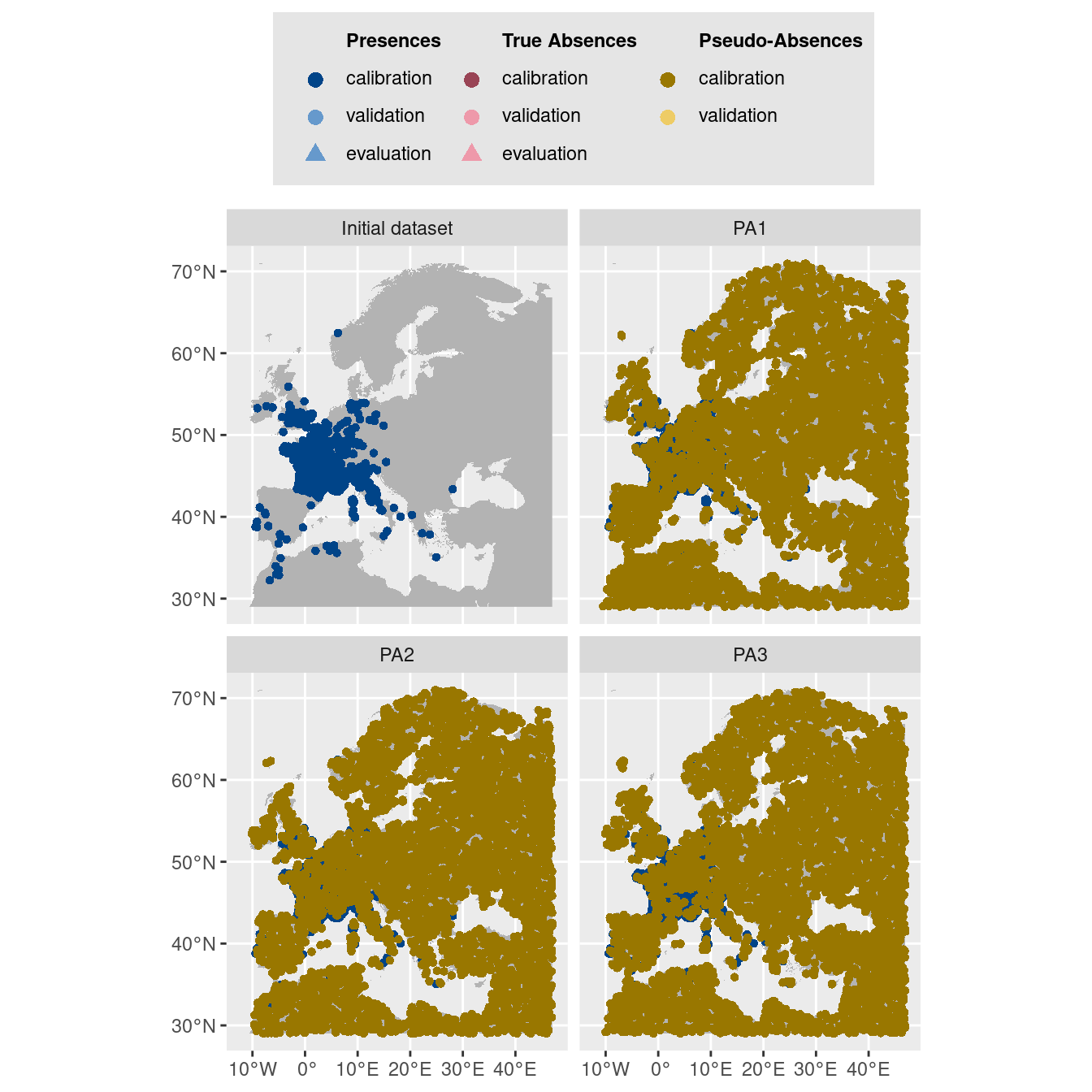 Les données d'occurrences (en haut à gauche) et les trois jeux de données aléatoires de pseudo-absences.