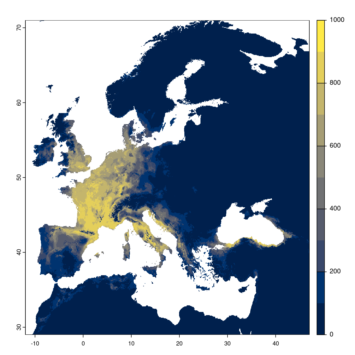 Projection des distributions potentielles futures jusqu'à l'horizon 2100 sous le scénario SSP2-4.5 (modèle d'ensemble).