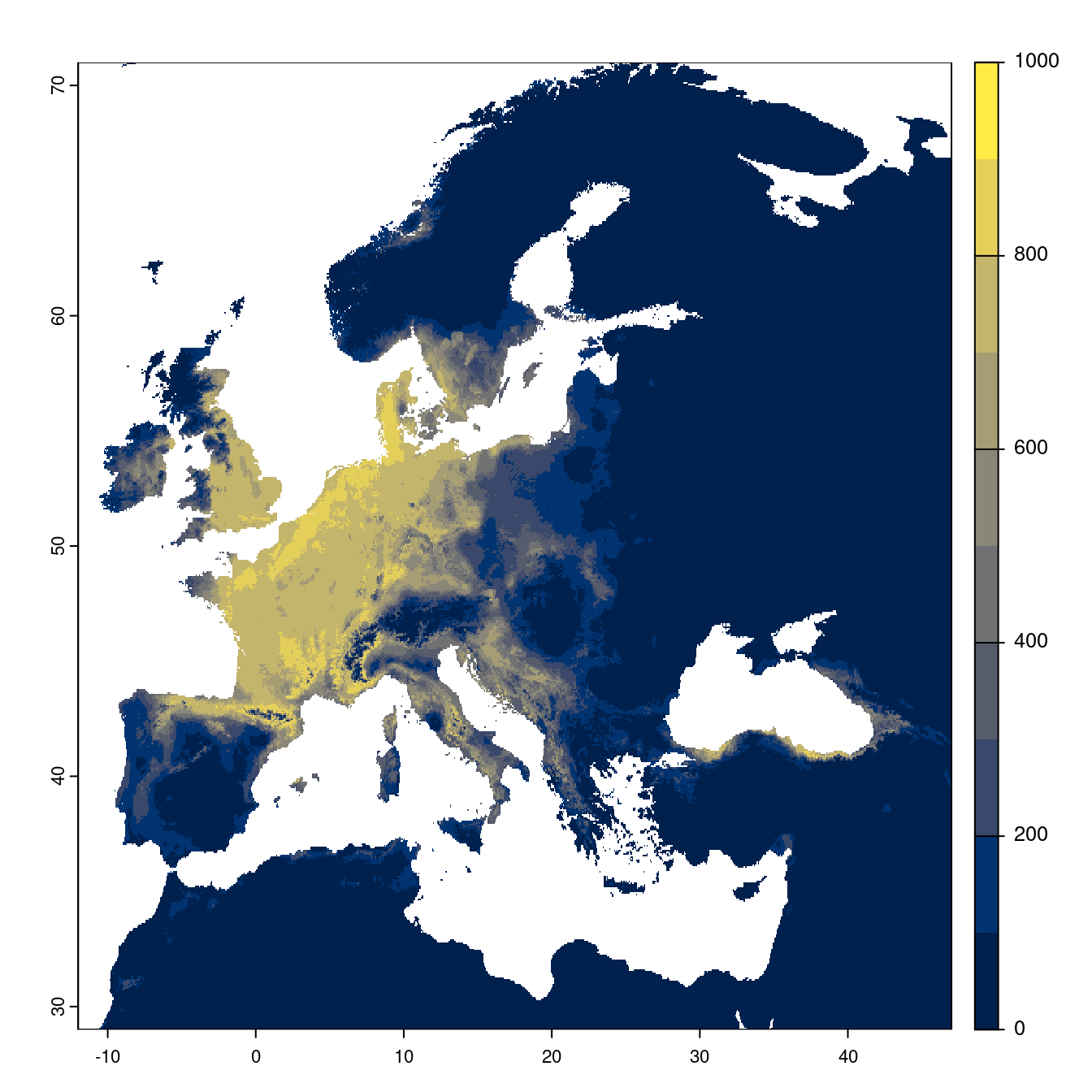 Projection des distributions potentielles futures jusqu'à l'horizon 2100 sous le scénario SSP2-4.5 (modèle d'ensemble).