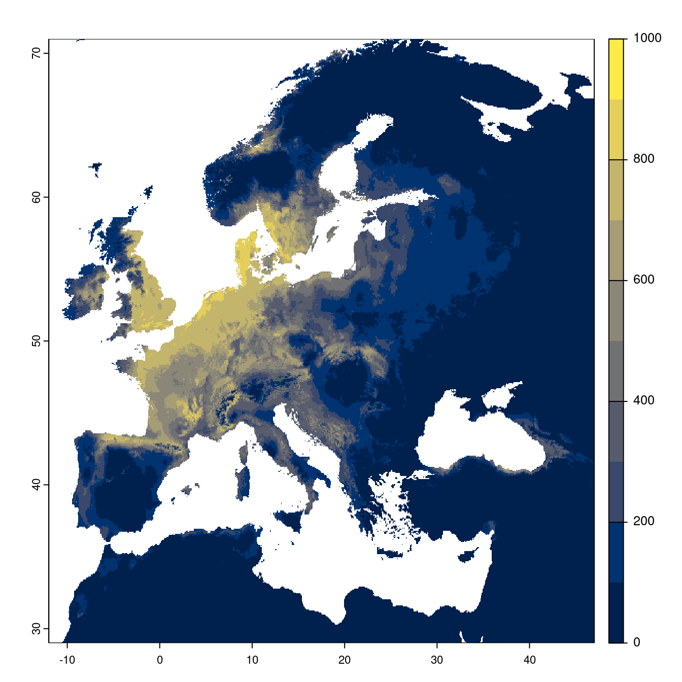 Projection des distributions potentielles futures jusqu'à l'horizon 2100 sous le scénario SSP5-8.5 (modèle d'ensemble).