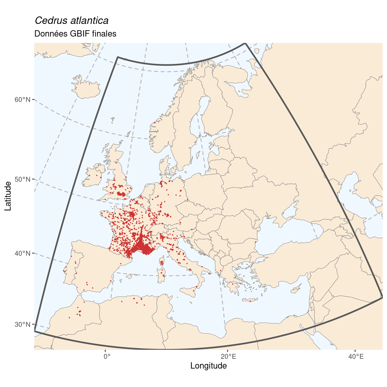 Occurrence de Cedrus atlantica dans la région d'endémisme après sous-échantillonnage éventuel.