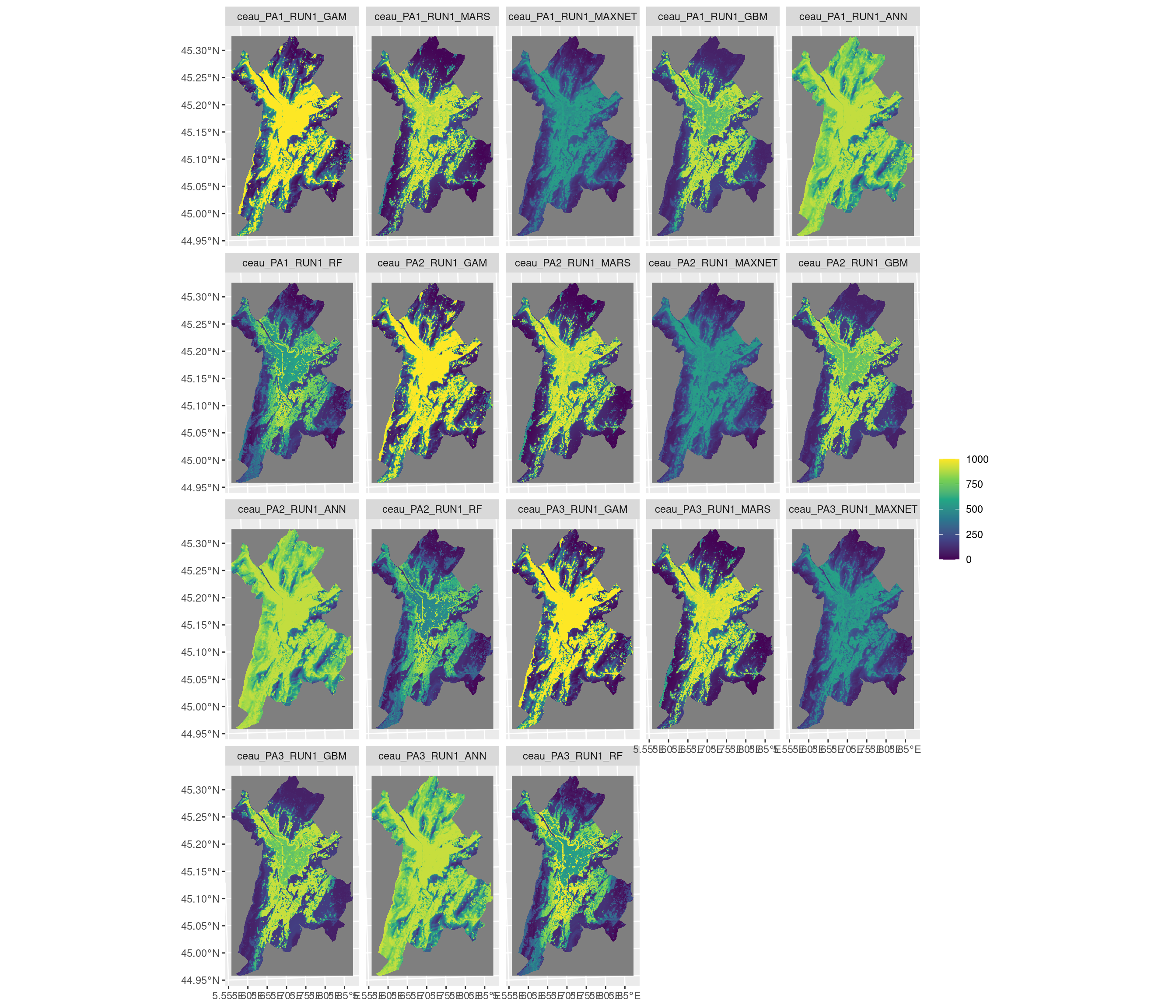 Projection de la distribution potentielle contemporaine sur la métropole de Grenoble, selon les 6 algorithmes et les 3 runs.