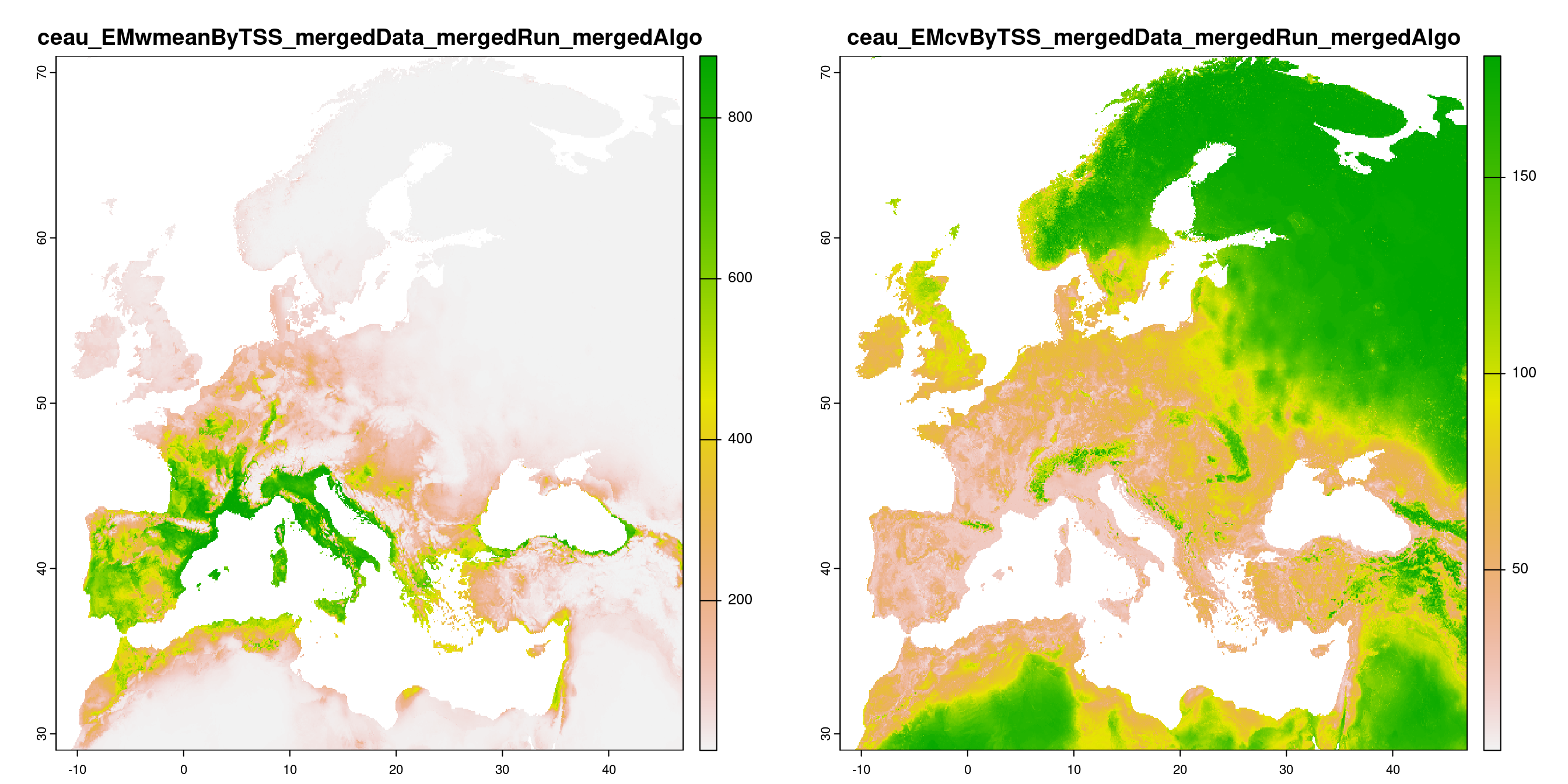 A) Projection de la distribution potentielle contemporaine (modèle d'ensemble) ; B) Incertitude associée à la projection.