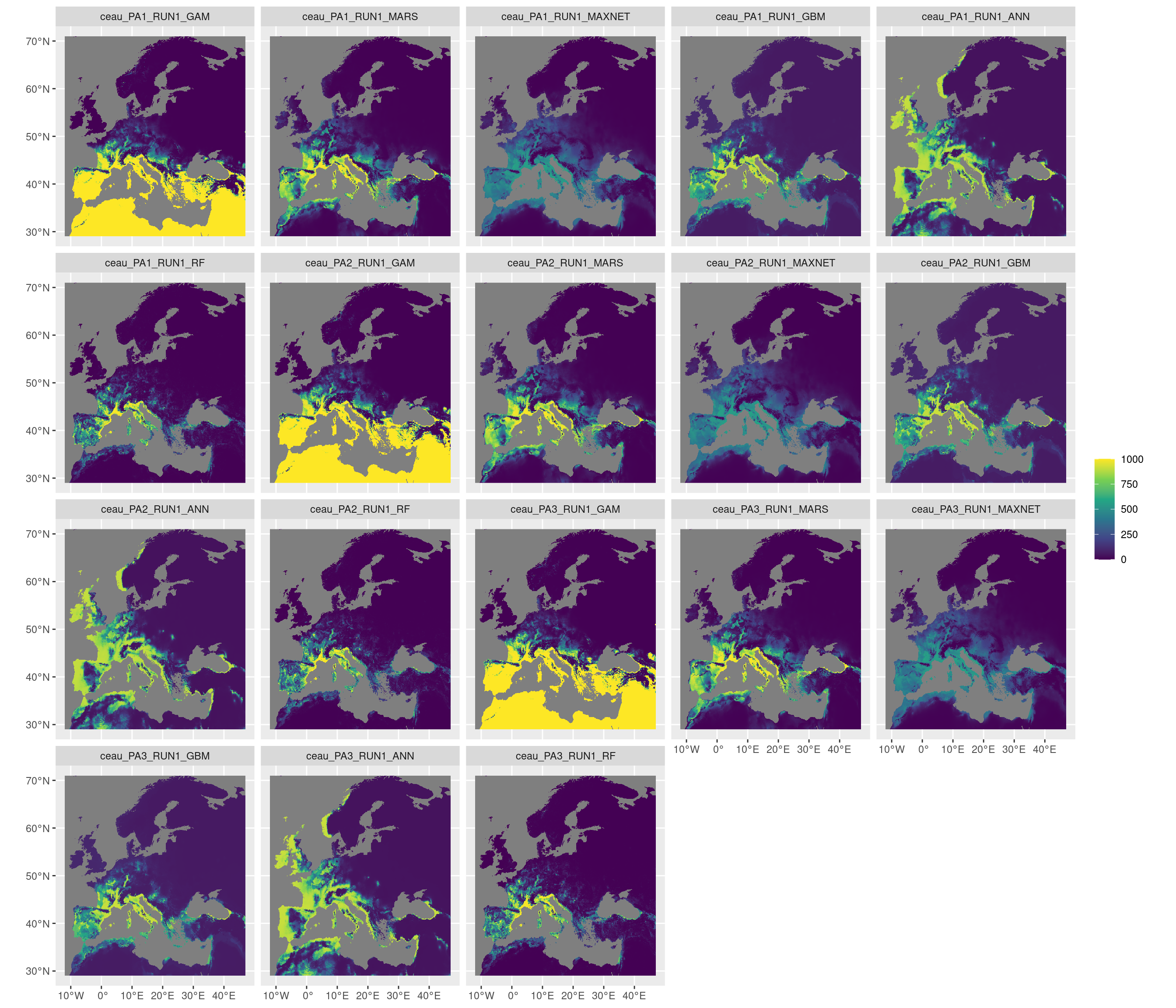 Projection de la distribution potentielle contemporaine sur l'Europe, selon les 6 algorithmes et les 3 runs.