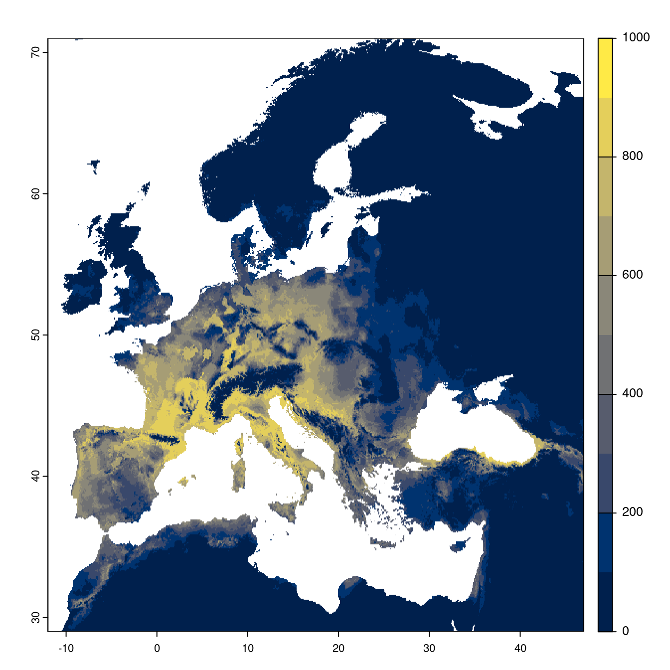 Projection des distributions potentielles futures jusqu'à l'horizon 2100 sous le scénario SSP1-2.6 (modèle d'ensemble).