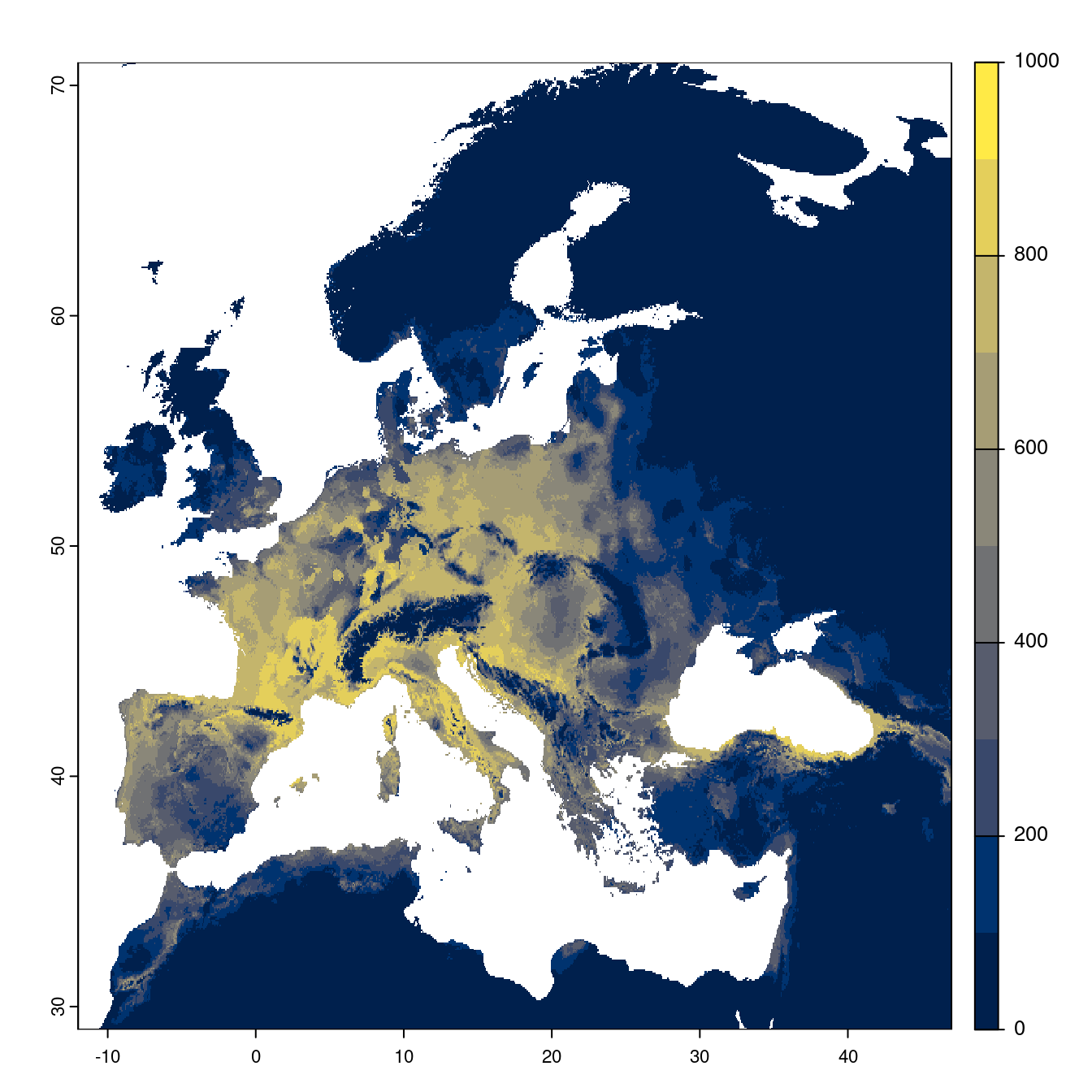 Projection des distributions potentielles futures jusqu'à l'horizon 2100 sous le scénario SSP1-2.6 (modèle d'ensemble).