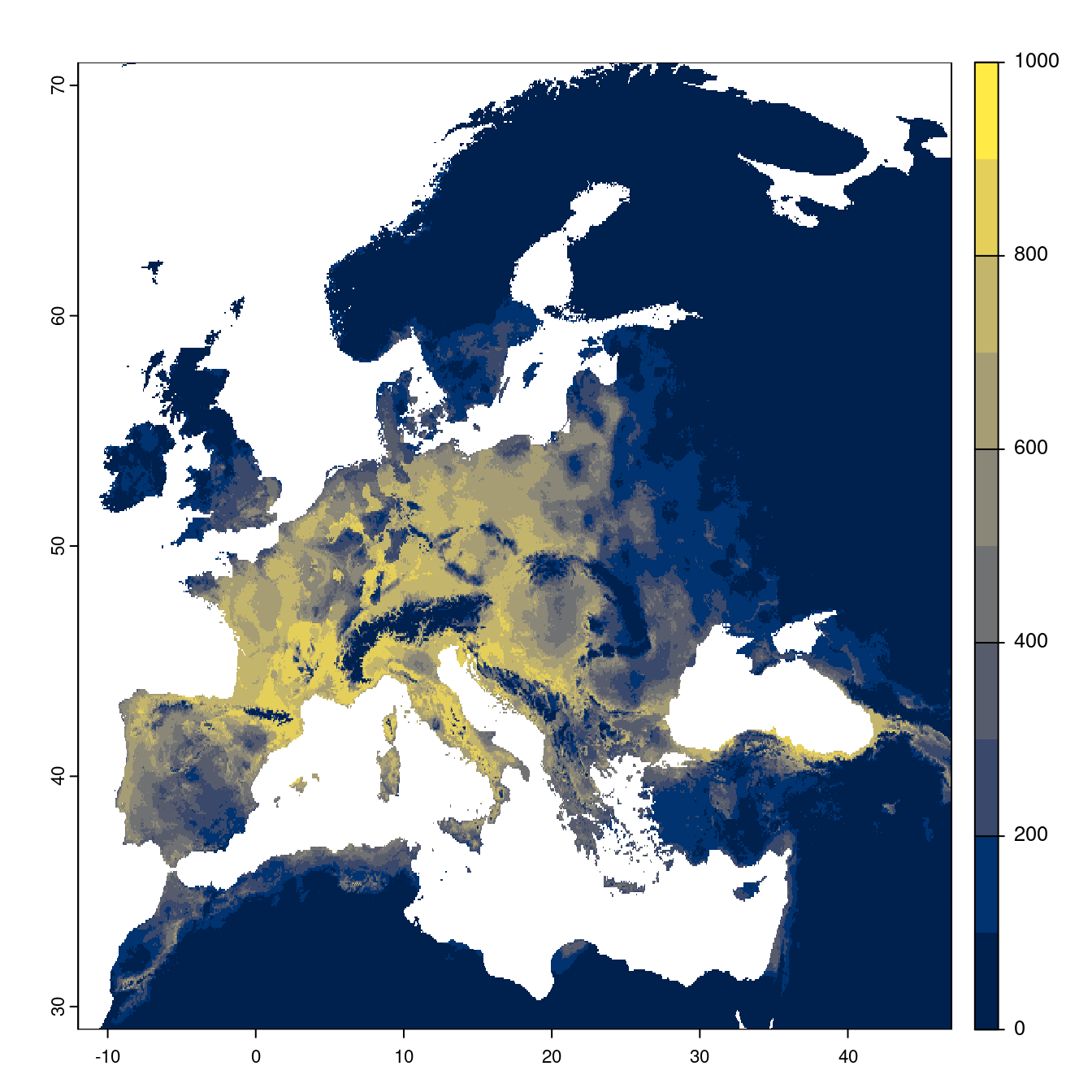 Projection des distributions potentielles futures jusqu'à l'horizon 2100 sous le scénario SSP1-2.6 (modèle d'ensemble).