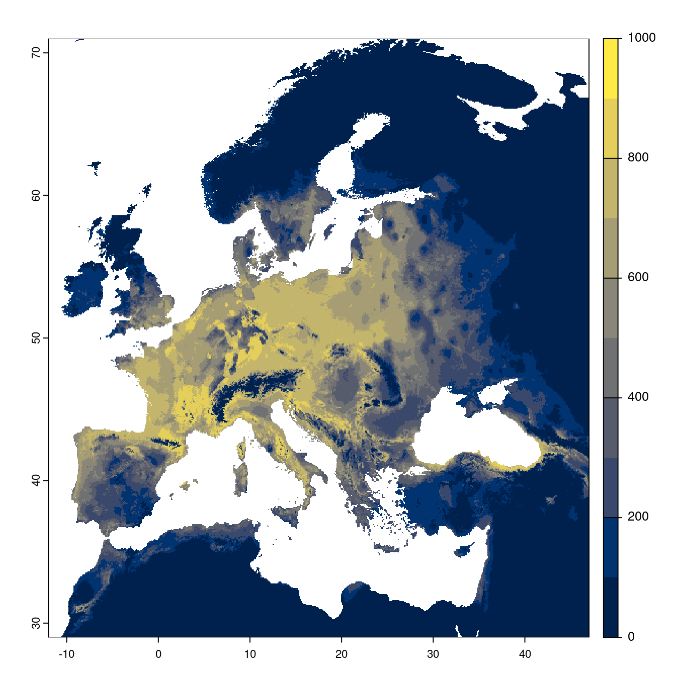 Projection des distributions potentielles futures jusqu'à l'horizon 2100 sous le scénario SSP2-4.5 (modèle d'ensemble).