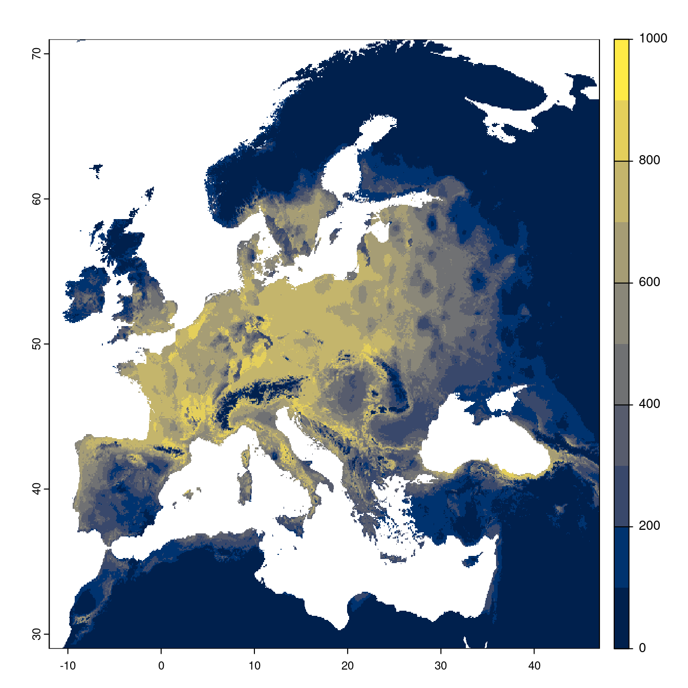 Projection des distributions potentielles futures jusqu'à l'horizon 2100 sous le scénario SSP2-4.5 (modèle d'ensemble).