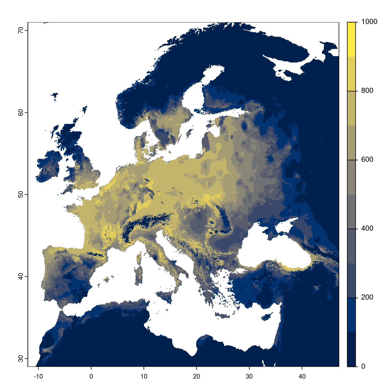 Projection des distributions potentielles futures jusqu'à l'horizon 2100 sous le scénario SSP3-7.0 (modèle d'ensemble).
