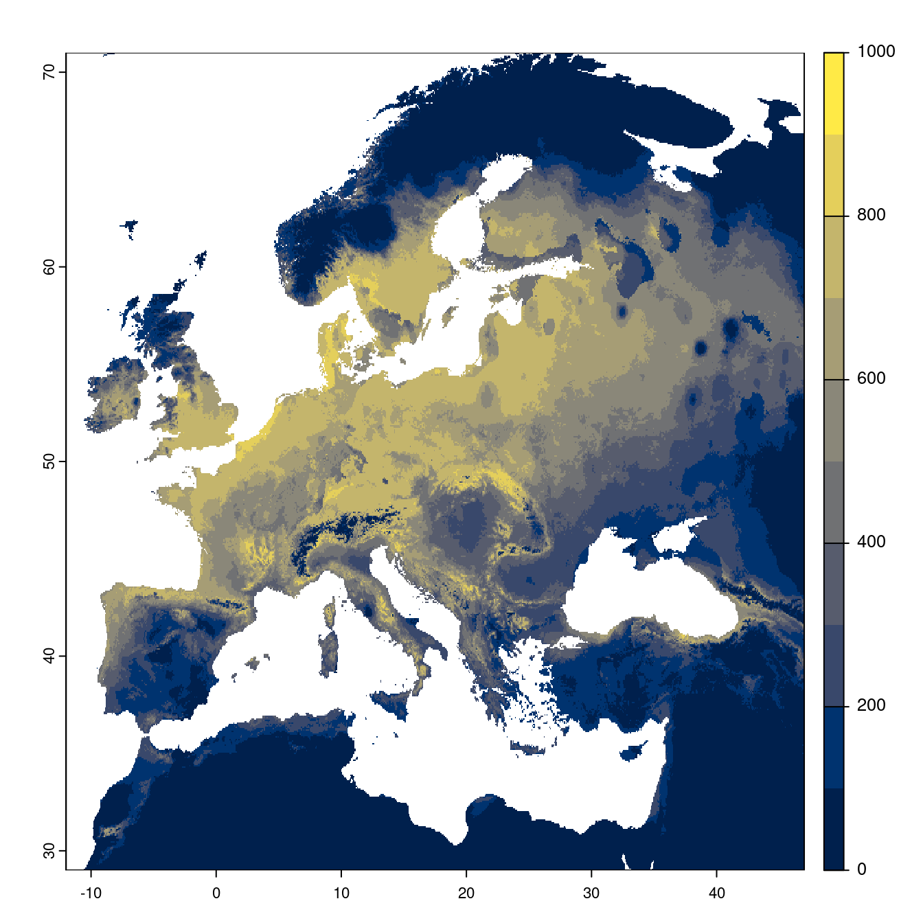 Projection des distributions potentielles futures jusqu'à l'horizon 2100 sous le scénario SSP3-7.0 (modèle d'ensemble).