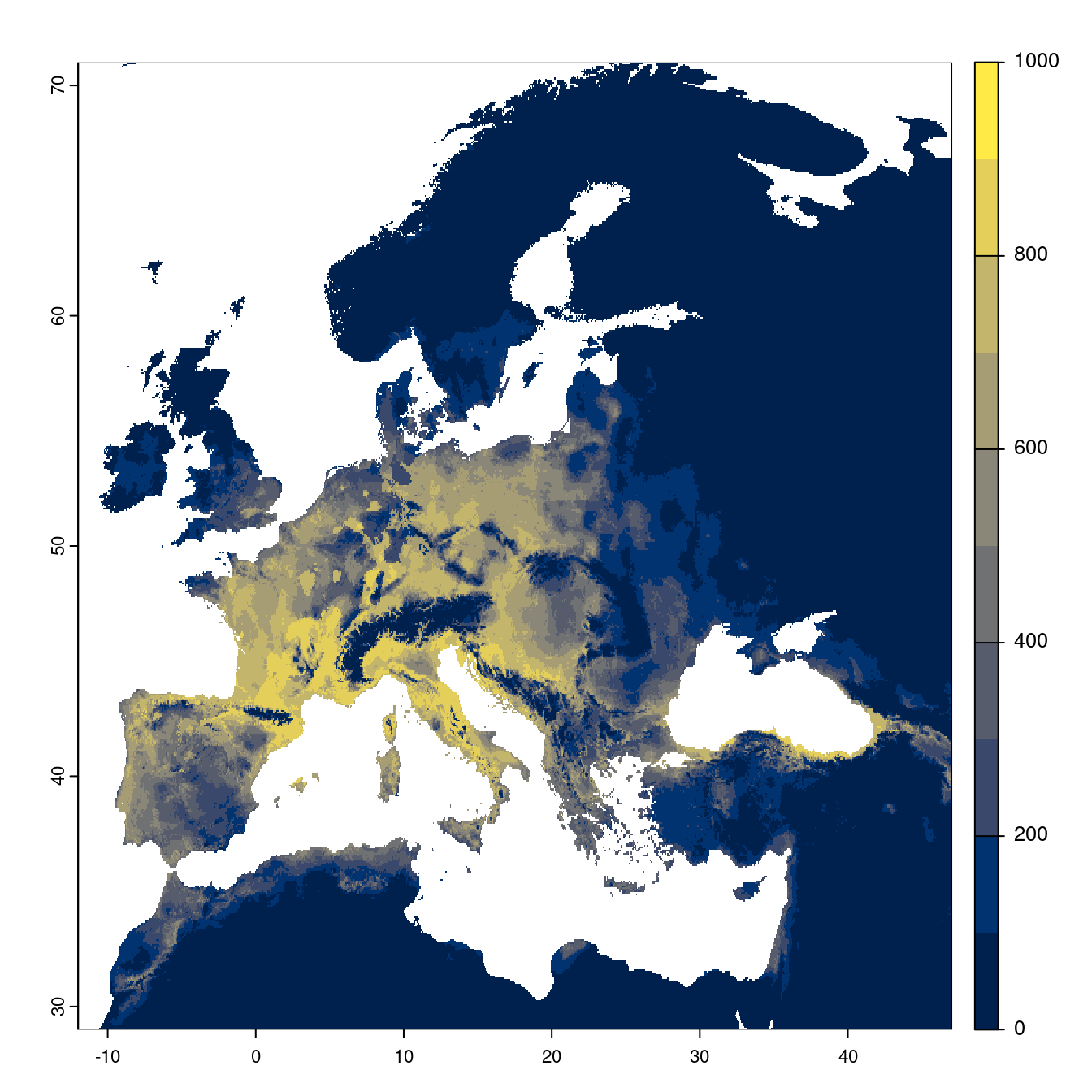 Projection des distributions potentielles futures jusqu'à l'horizon 2100 sous le scénario SSP5-8.5 (modèle d'ensemble).