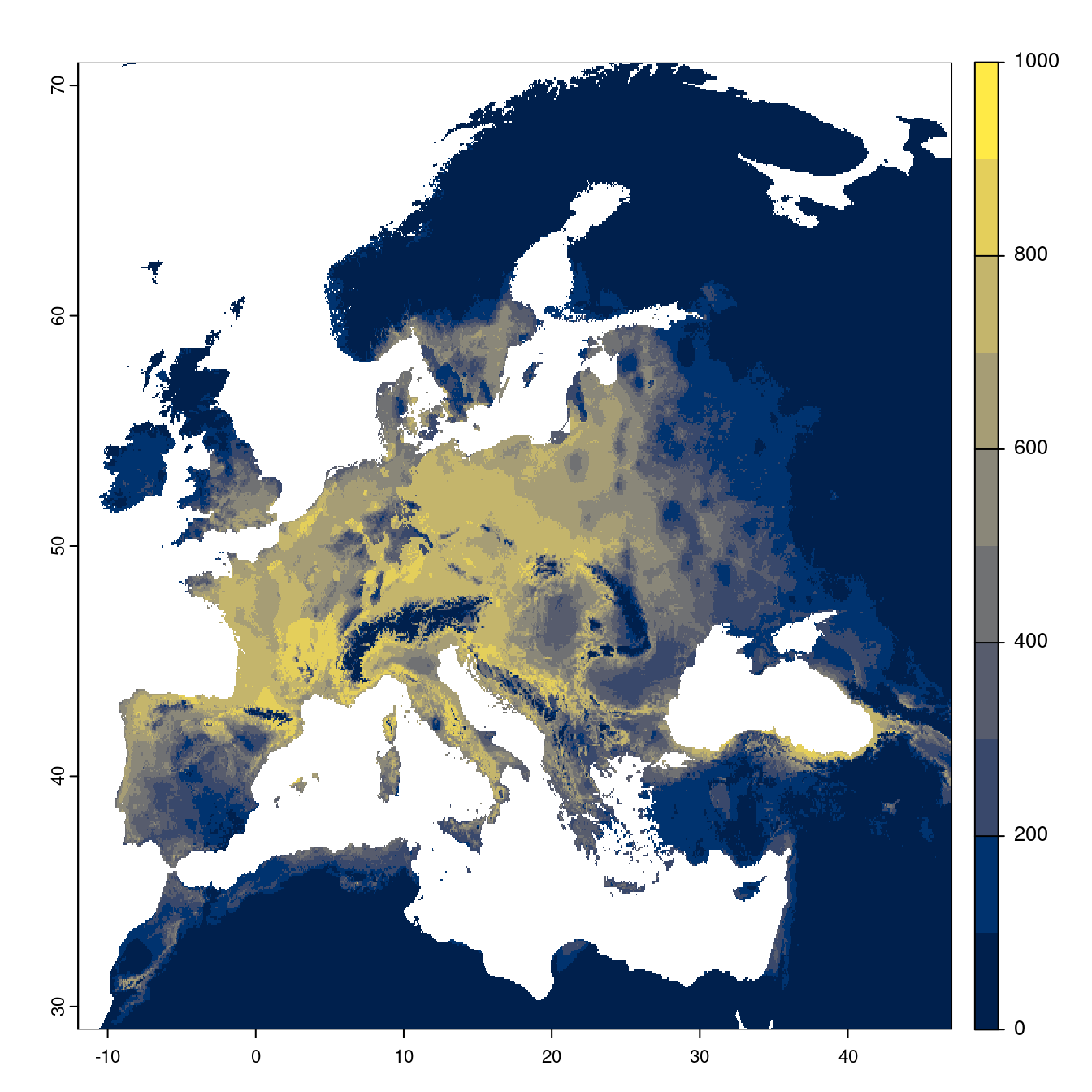 Projection des distributions potentielles futures jusqu'à l'horizon 2100 sous le scénario SSP5-8.5 (modèle d'ensemble).