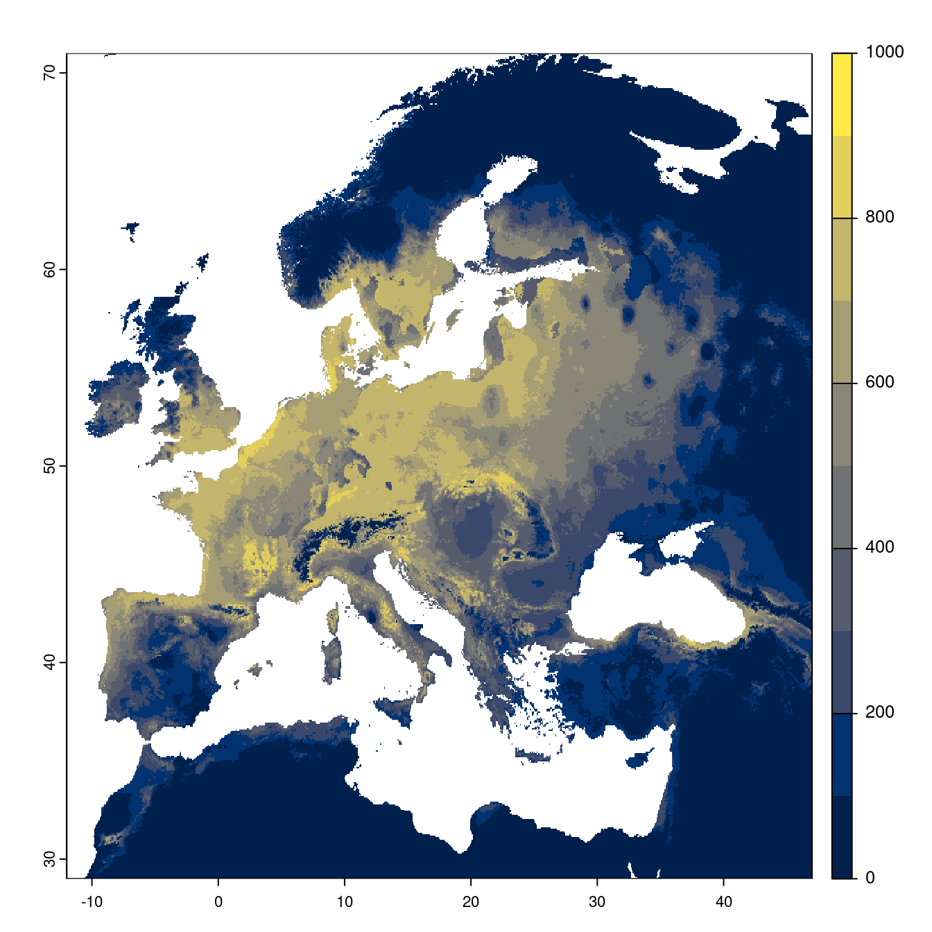 Projection des distributions potentielles futures jusqu'à l'horizon 2100 sous le scénario SSP5-8.5 (modèle d'ensemble).