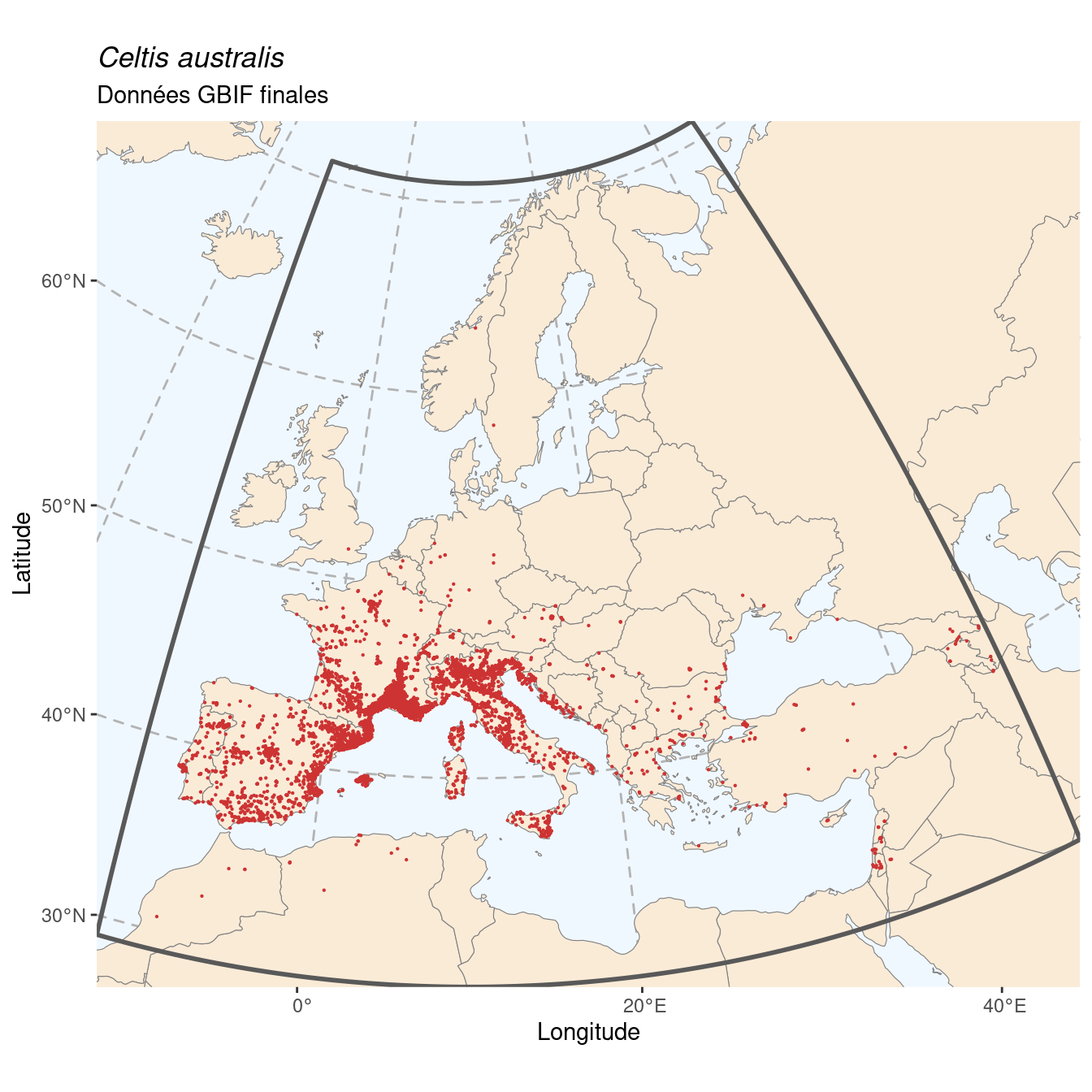 Occurrence de Celtis australis dans la région d'endémisme après sous-échantillonnage éventuel.