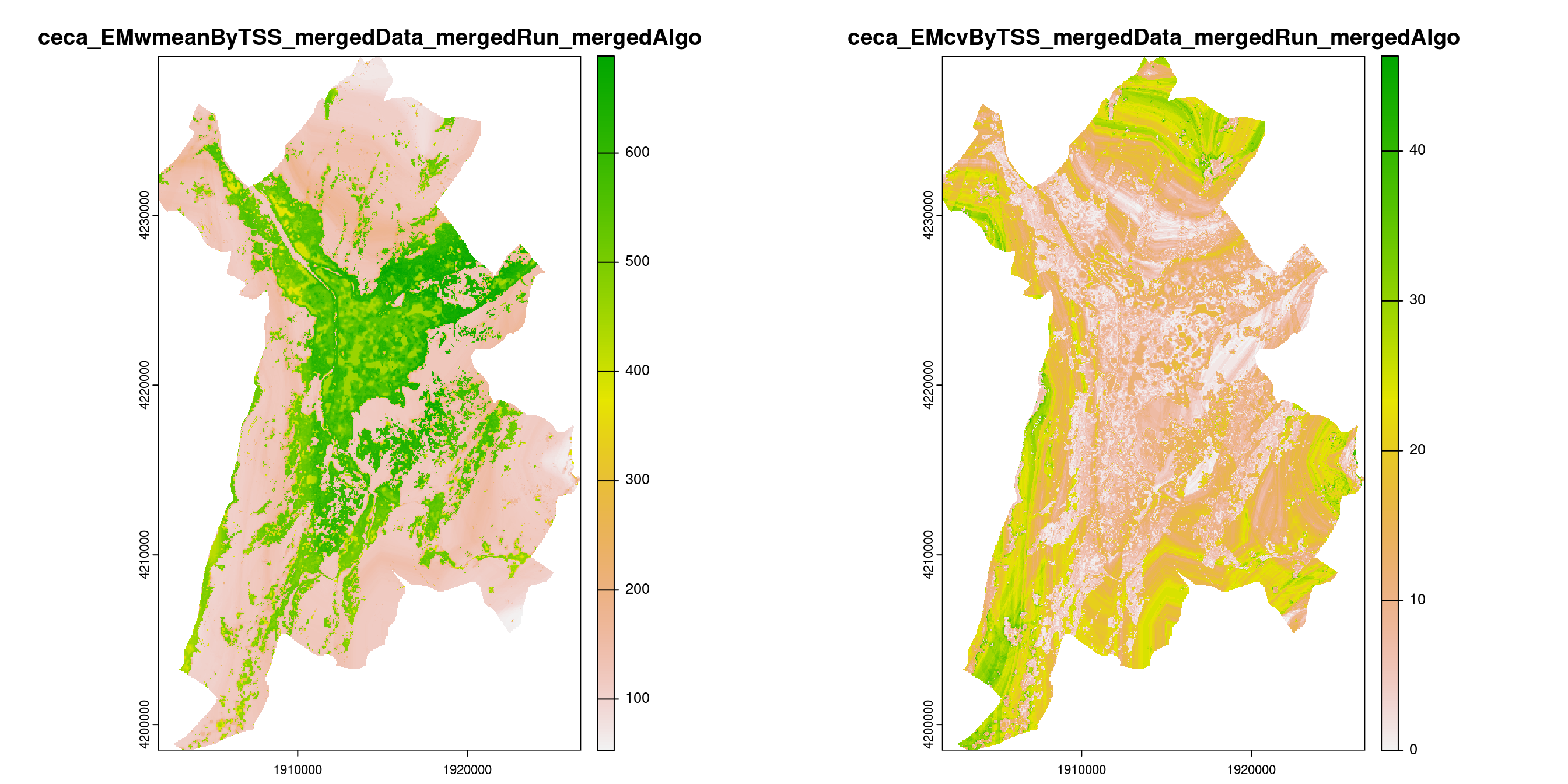 A) Projection de la distribution potentielle contemporaine (modèle d'ensemble) sur la métropole de Grenoble ; B) Incertitude associée à la projection.