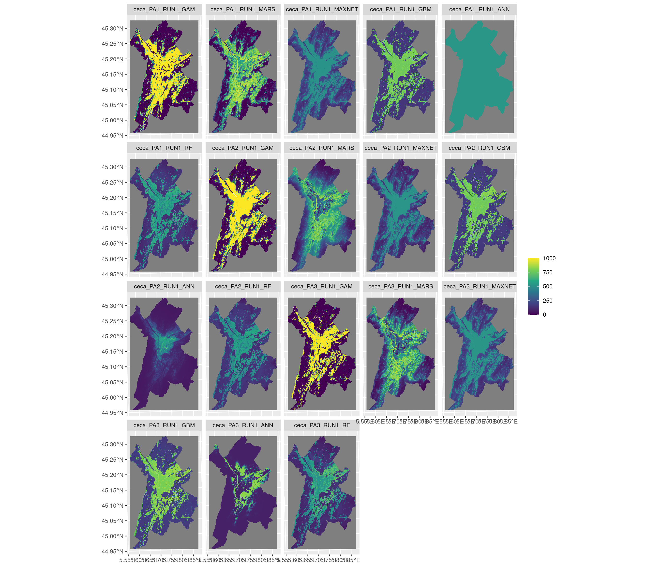 Projection de la distribution potentielle contemporaine sur la métropole de Grenoble, selon les 6 algorithmes et les 3 runs.