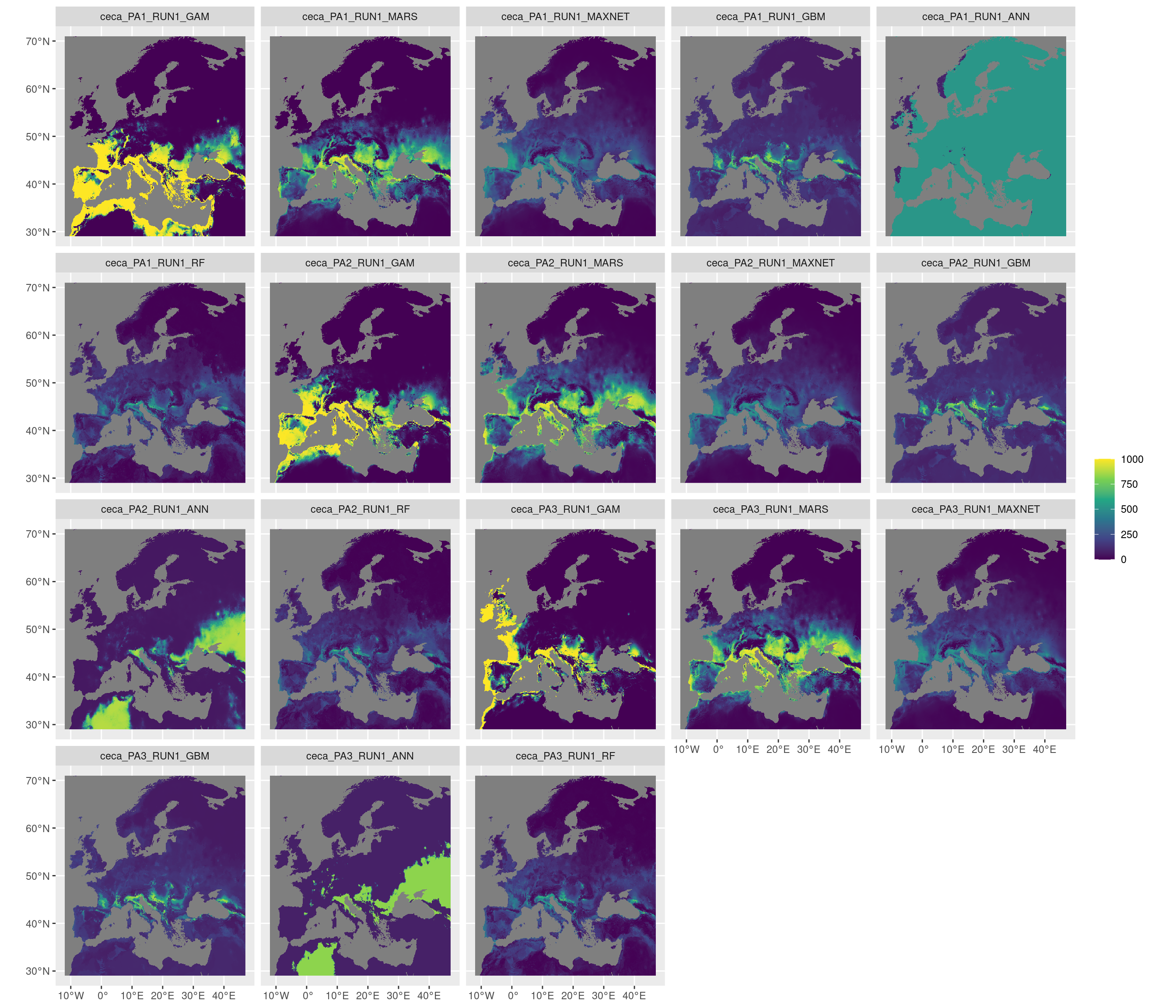 Projection de la distribution potentielle contemporaine sur l'Europe, selon les 6 algorithmes et les 3 runs.