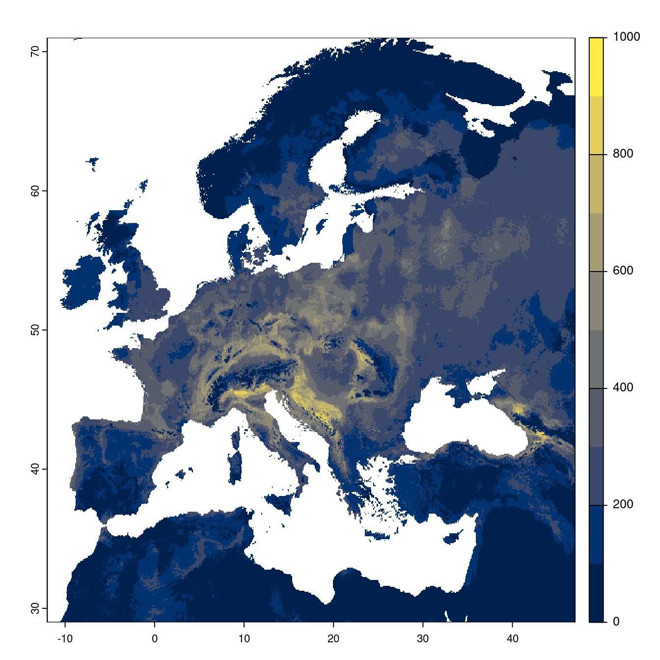 Projection des distributions potentielles futures jusqu'à l'horizon 2100 sous le scénario SSP2-4.5 (modèle d'ensemble).