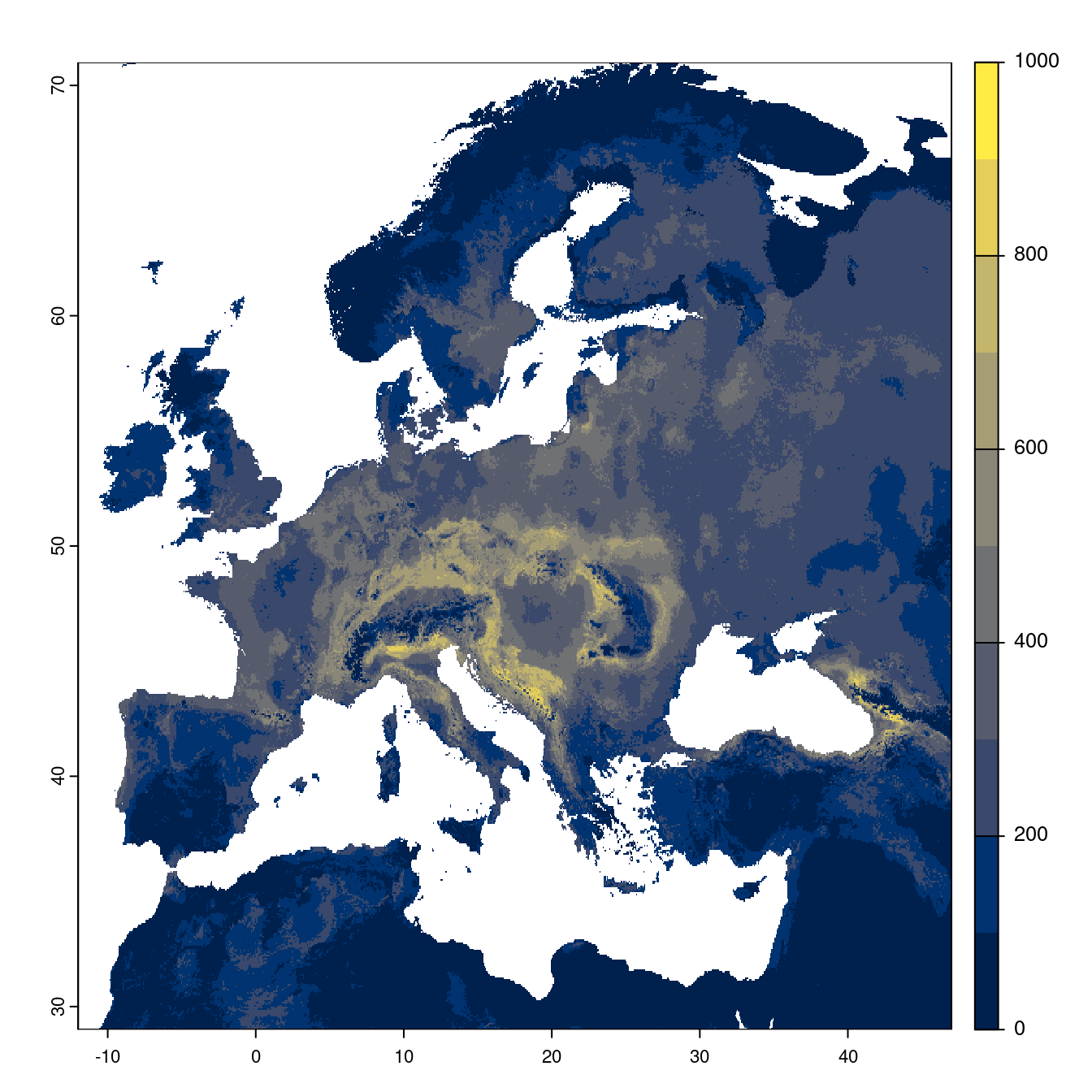 Projection des distributions potentielles futures jusqu'à l'horizon 2100 sous le scénario SSP3-7.0 (modèle d'ensemble).