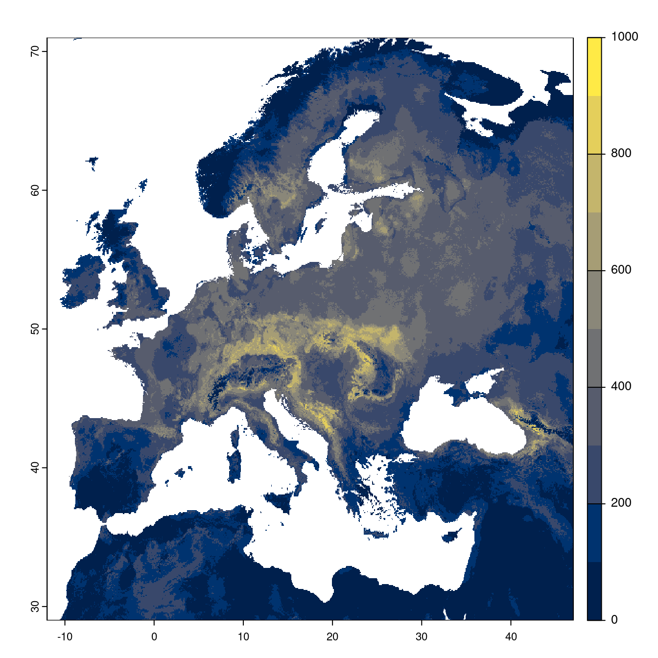 Projection des distributions potentielles futures jusqu'à l'horizon 2100 sous le scénario SSP3-7.0 (modèle d'ensemble).