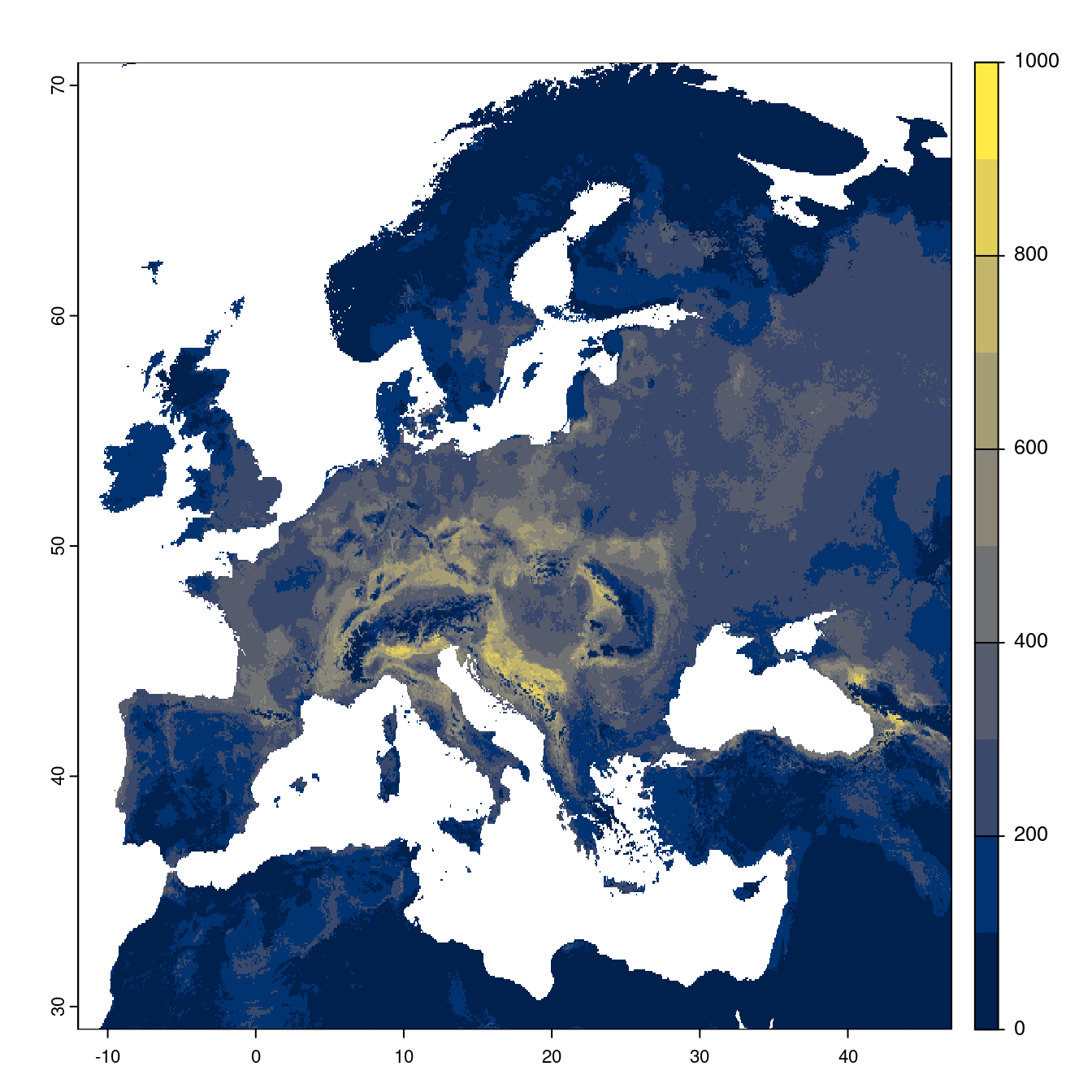 Projection des distributions potentielles futures jusqu'à l'horizon 2100 sous le scénario SSP5-8.5 (modèle d'ensemble).