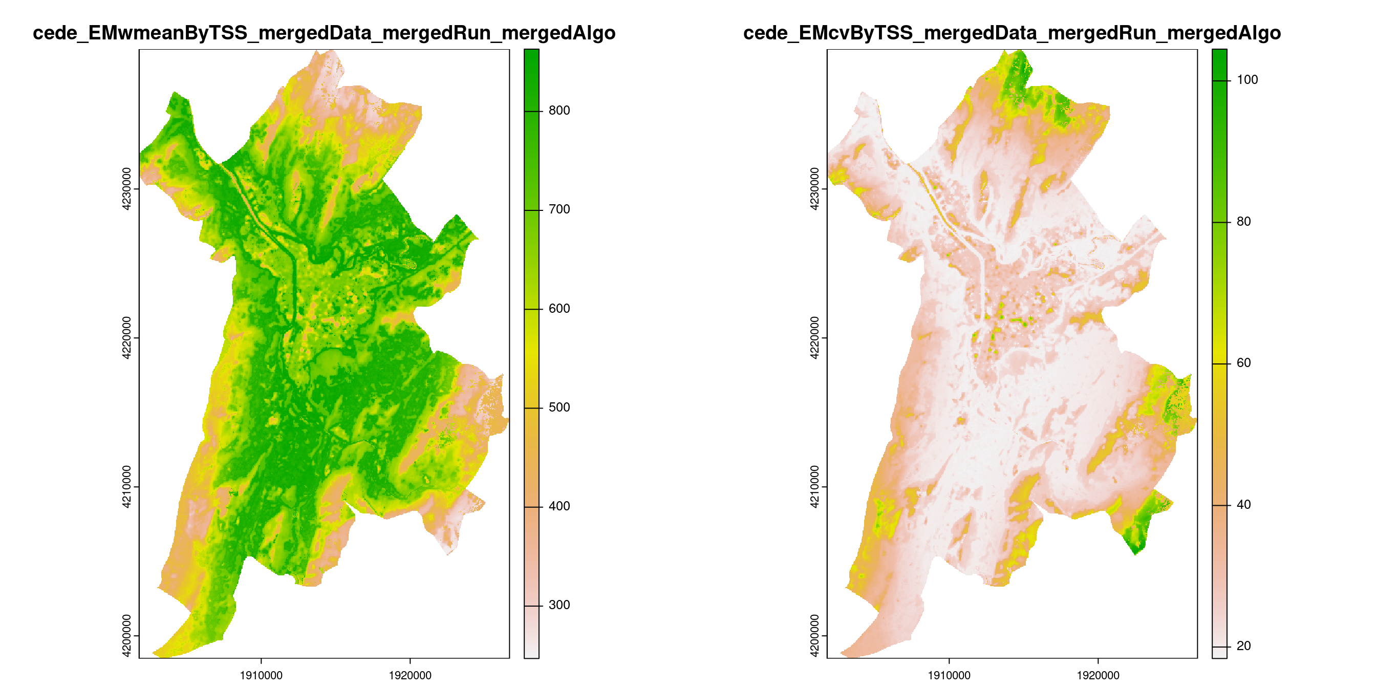 A) Projection de la distribution potentielle contemporaine (modèle d'ensemble) sur la métropole de Grenoble ; B) Incertitude associée à la projection.