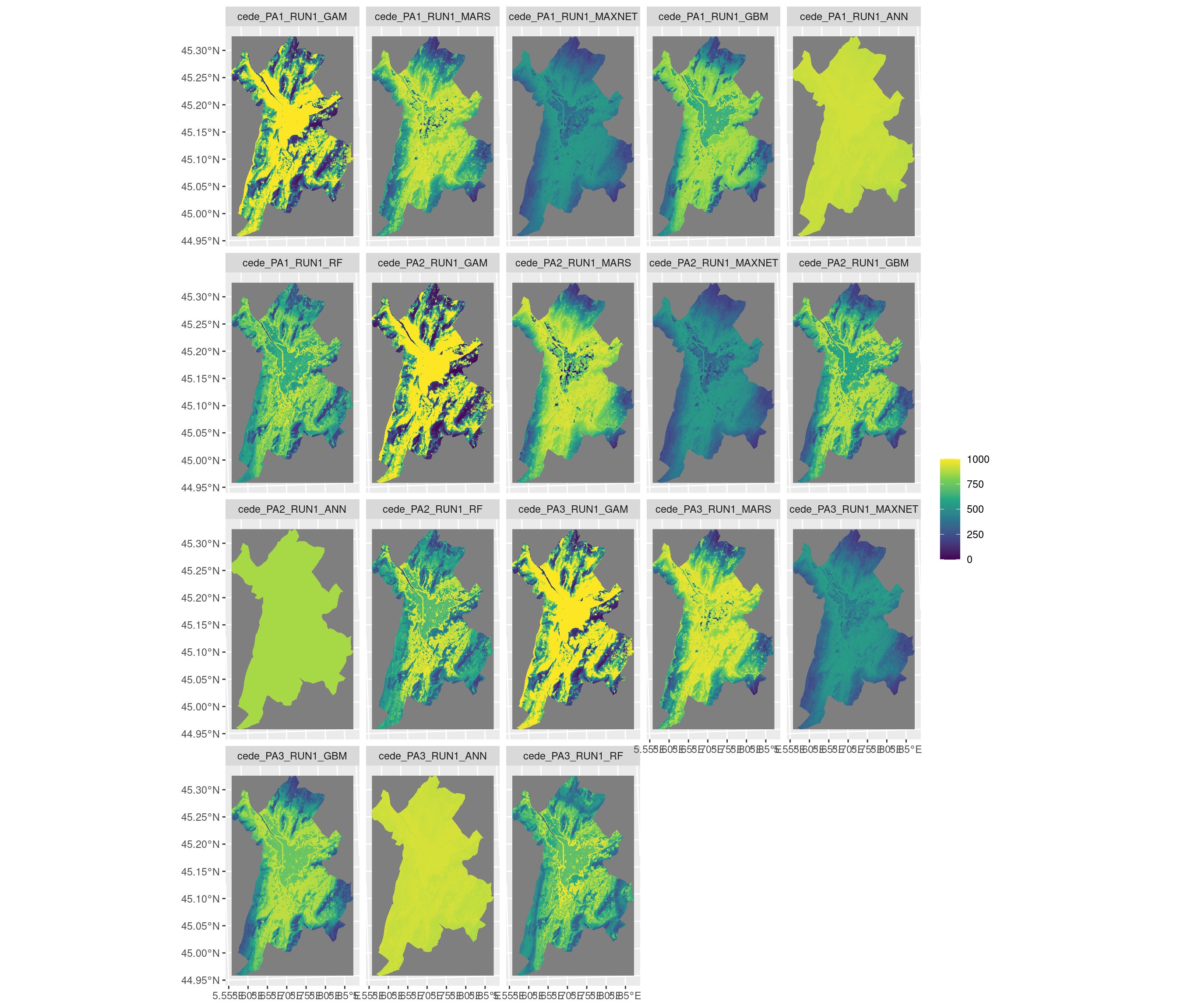 Projection de la distribution potentielle contemporaine sur la métropole de Grenoble, selon les 6 algorithmes et les 3 runs.