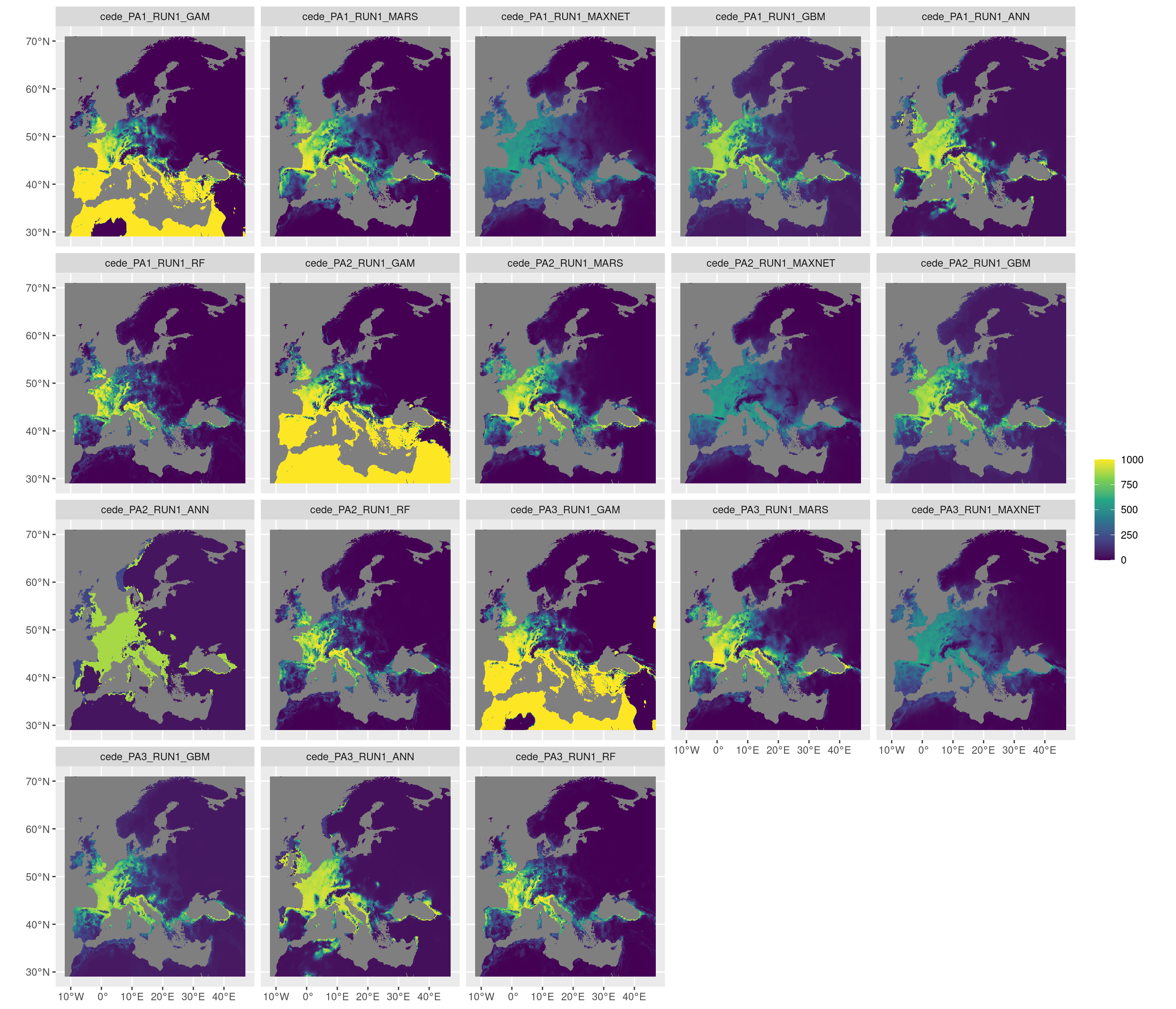 Projection de la distribution potentielle contemporaine sur l'Europe, selon les 6 algorithmes et les 3 runs.