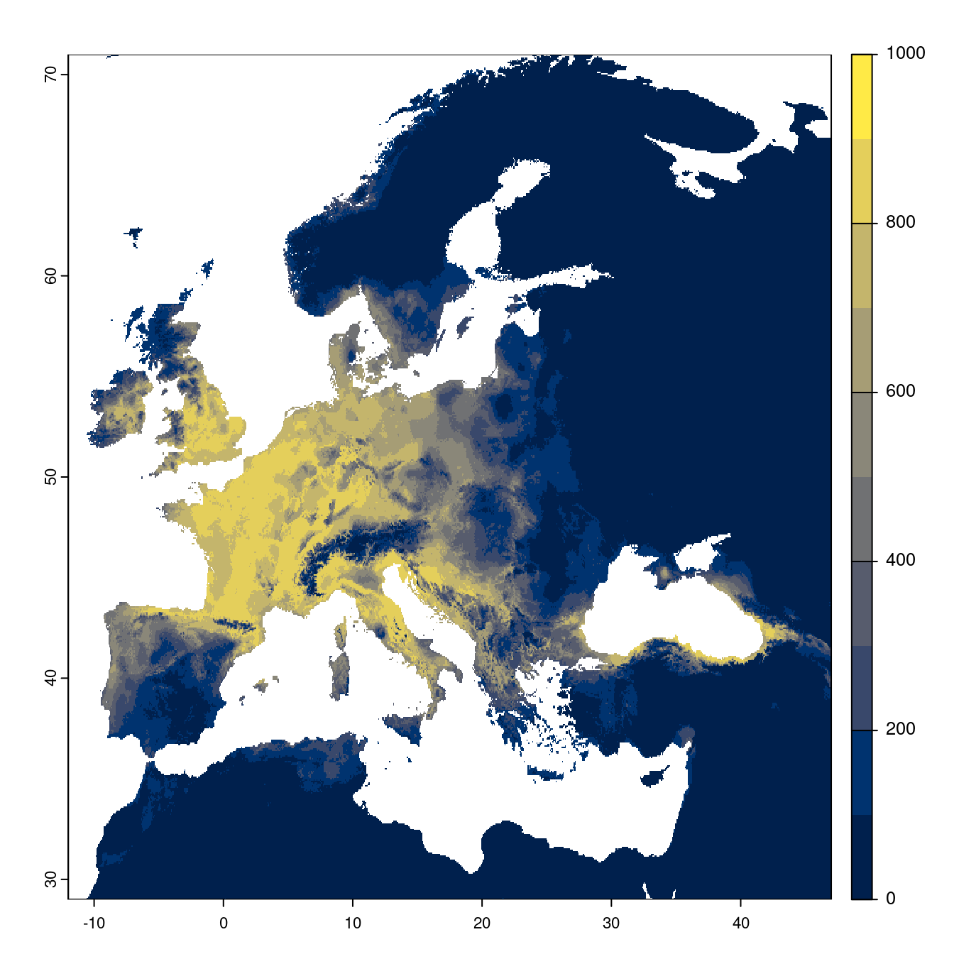 Projection des distributions potentielles futures jusqu'à l'horizon 2100 sous le scénario SSP1-2.6 (modèle d'ensemble).