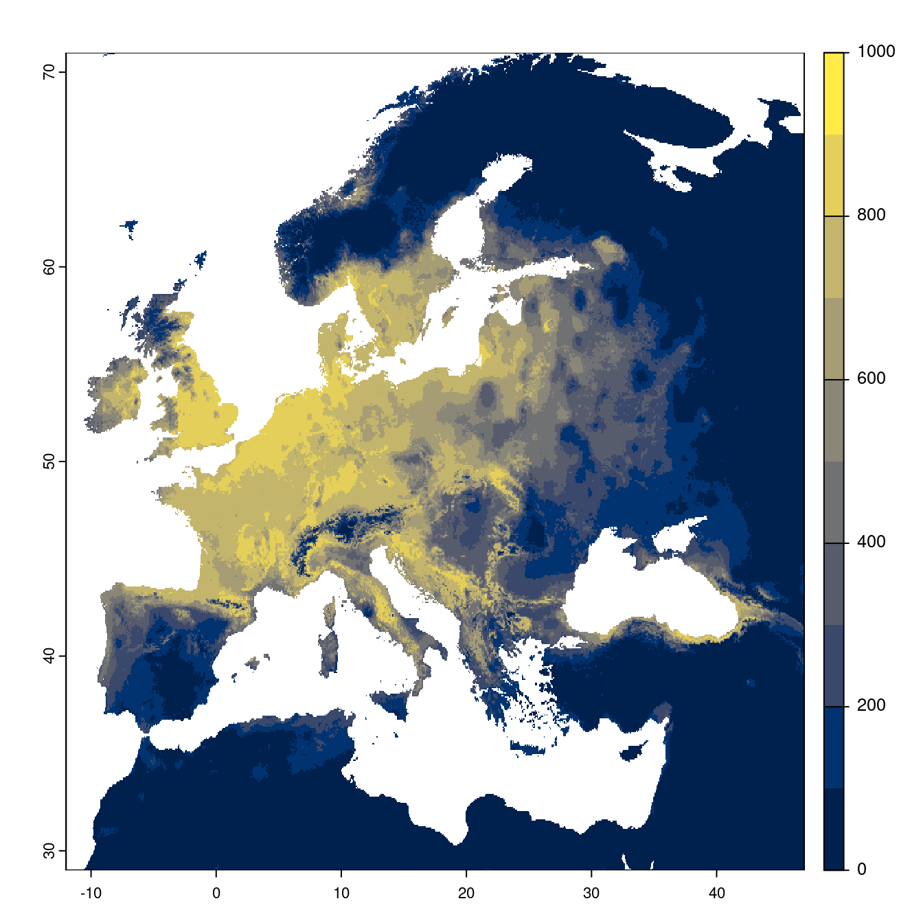 Projection des distributions potentielles futures jusqu'à l'horizon 2100 sous le scénario SSP2-4.5 (modèle d'ensemble).