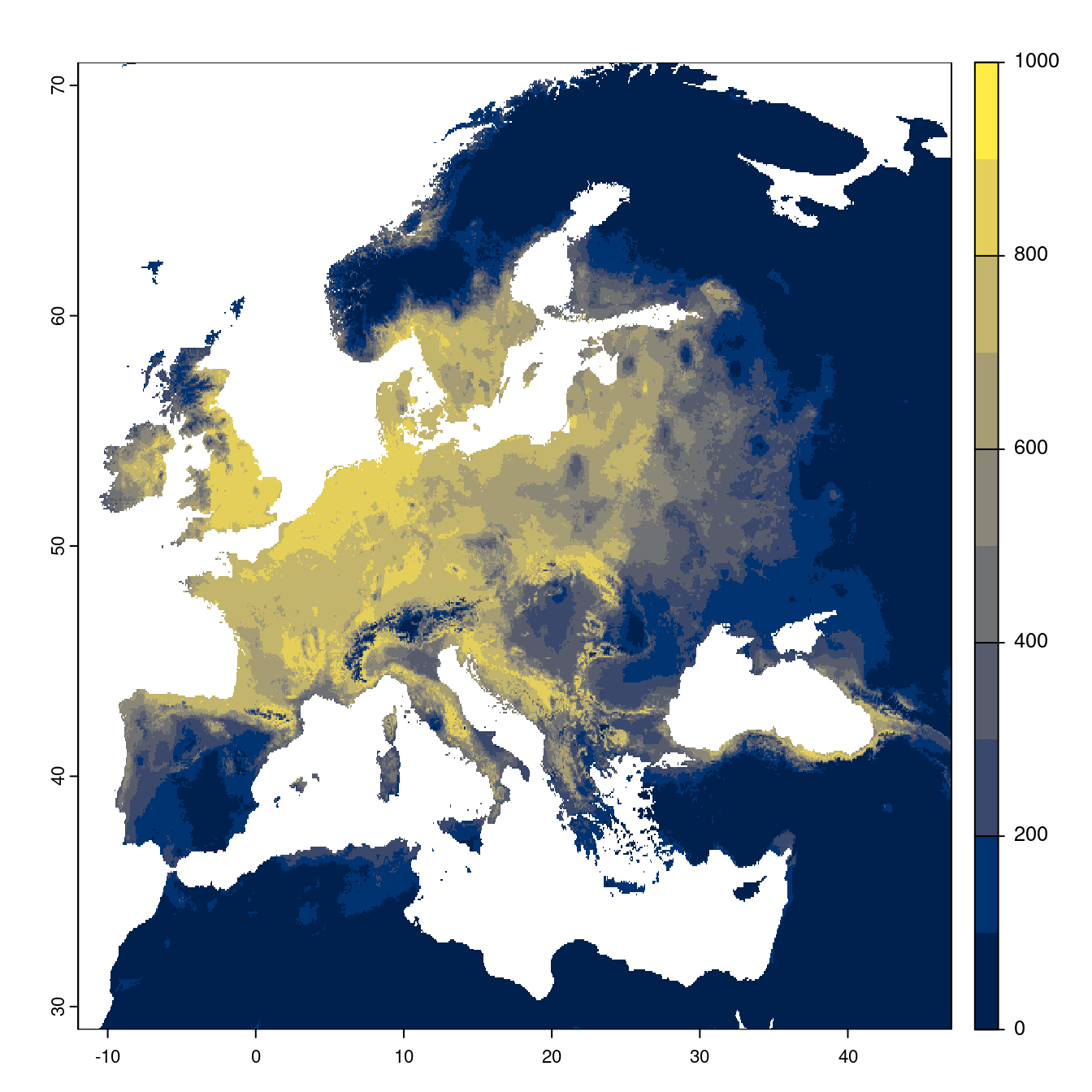 Projection des distributions potentielles futures jusqu'à l'horizon 2100 sous le scénario SSP3-7.0 (modèle d'ensemble).