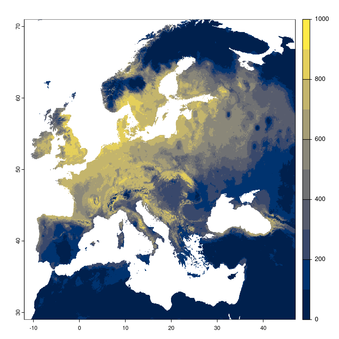 Projection des distributions potentielles futures jusqu'à l'horizon 2100 sous le scénario SSP3-7.0 (modèle d'ensemble).