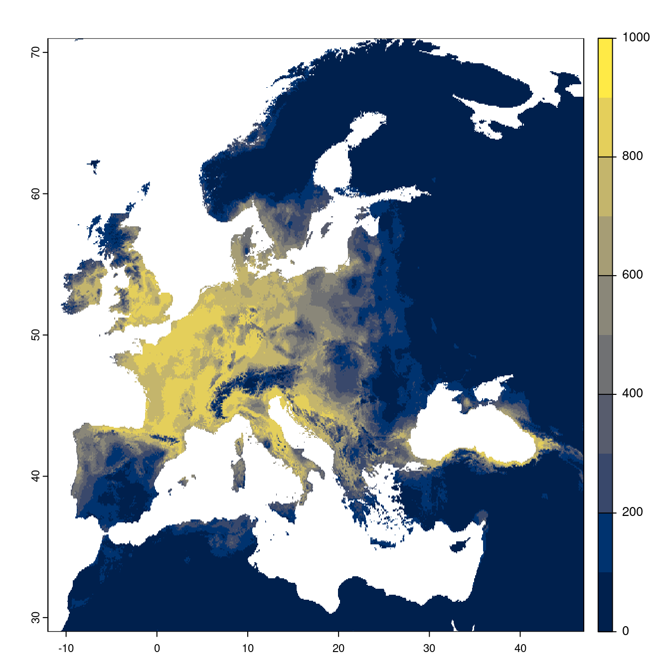 Projection des distributions potentielles futures jusqu'à l'horizon 2100 sous le scénario SSP5-8.5 (modèle d'ensemble).
