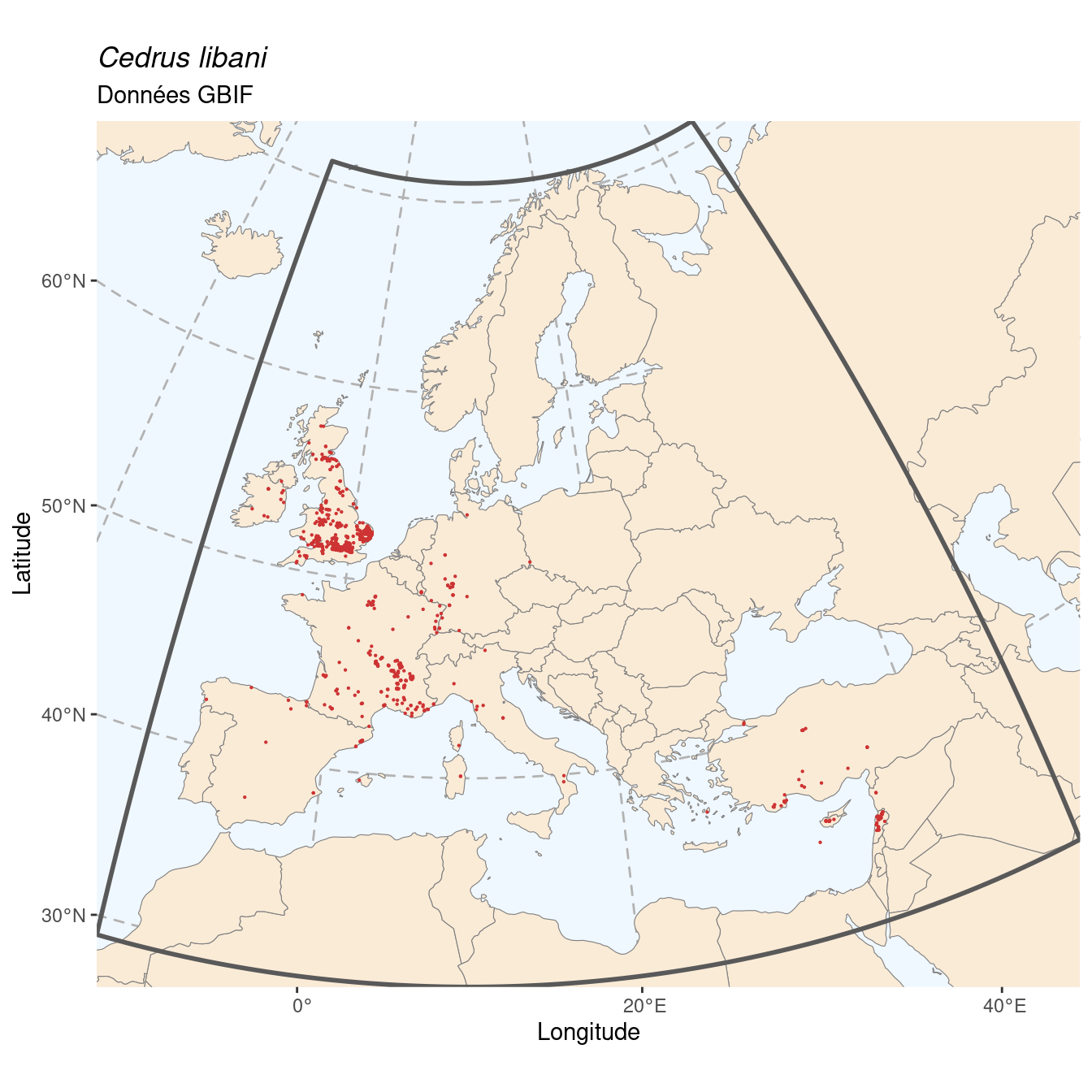 Occurrence de Cedrus libani dans la région d'endémisme.