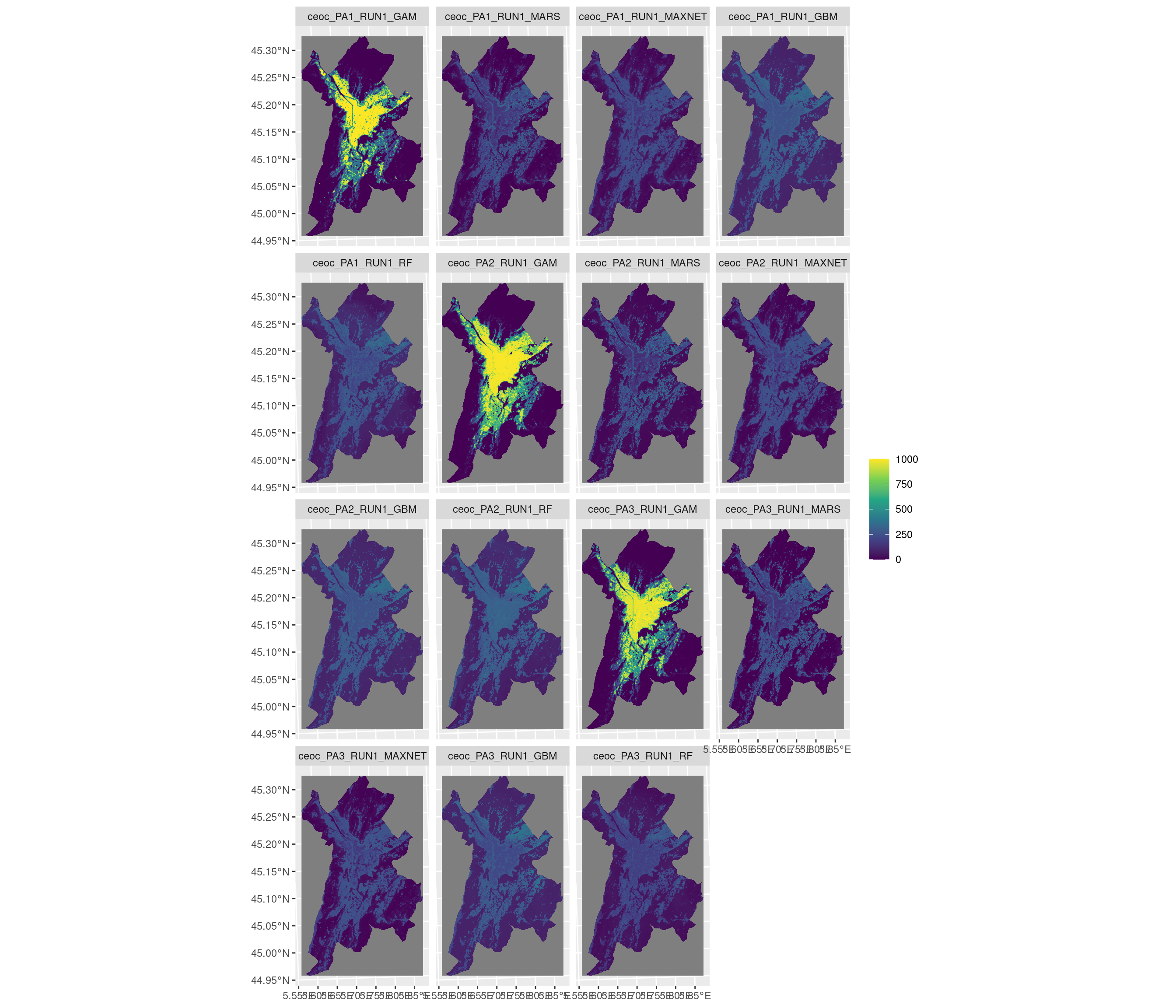 Projection de la distribution potentielle contemporaine sur la métropole de Grenoble, selon les 6 algorithmes et les 3 runs.