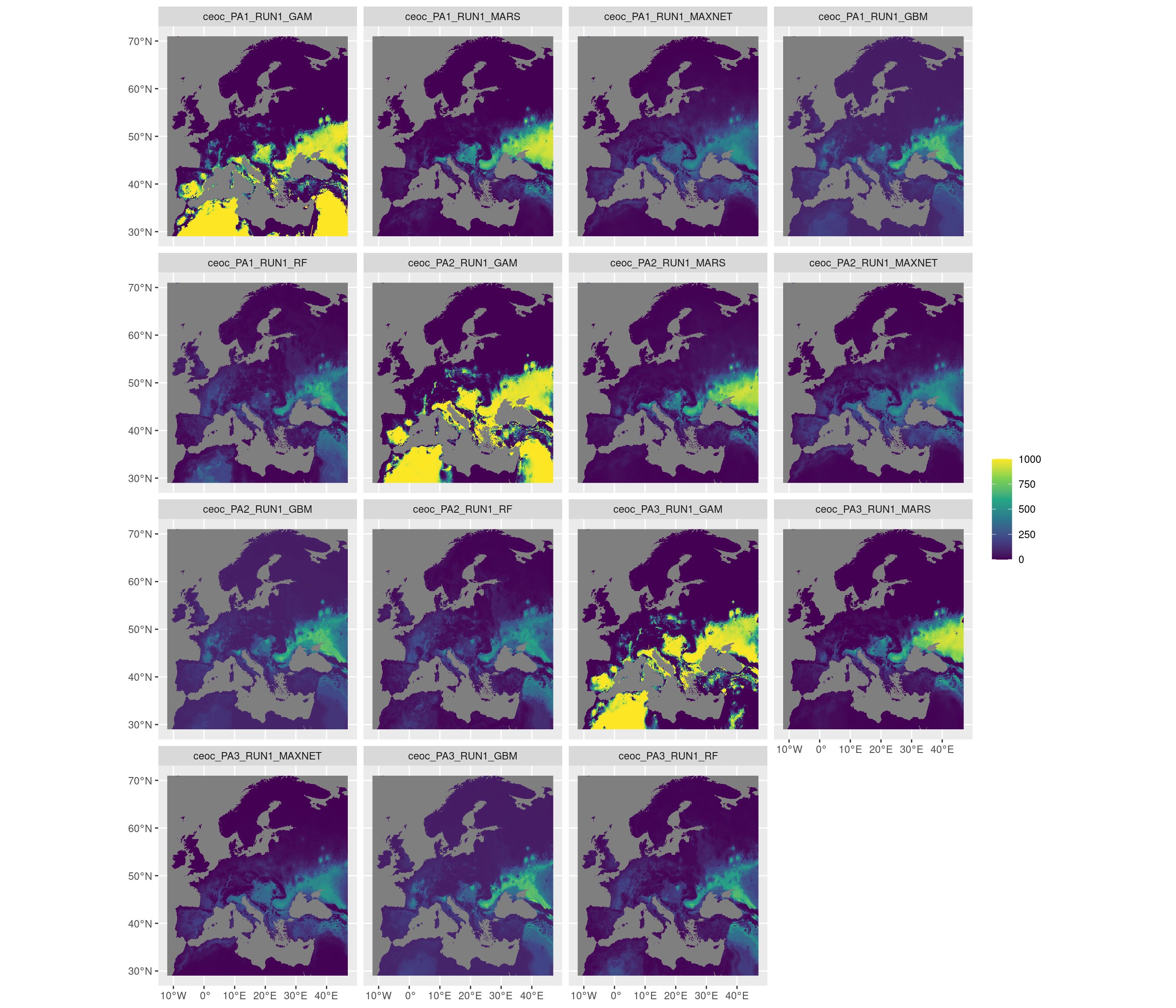 Projection de la distribution potentielle contemporaine sur l'Europe, selon les 6 algorithmes et les 3 runs.
