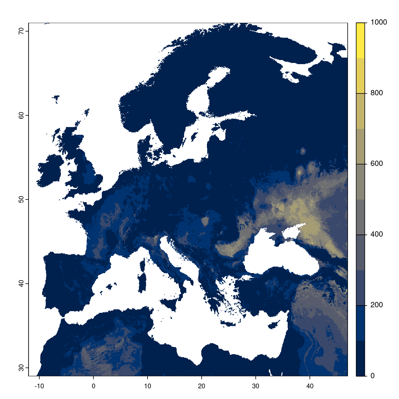 Projection des distributions potentielles futures jusqu'à l'horizon 2100 sous le scénario SSP1-2.6 (modèle d'ensemble).