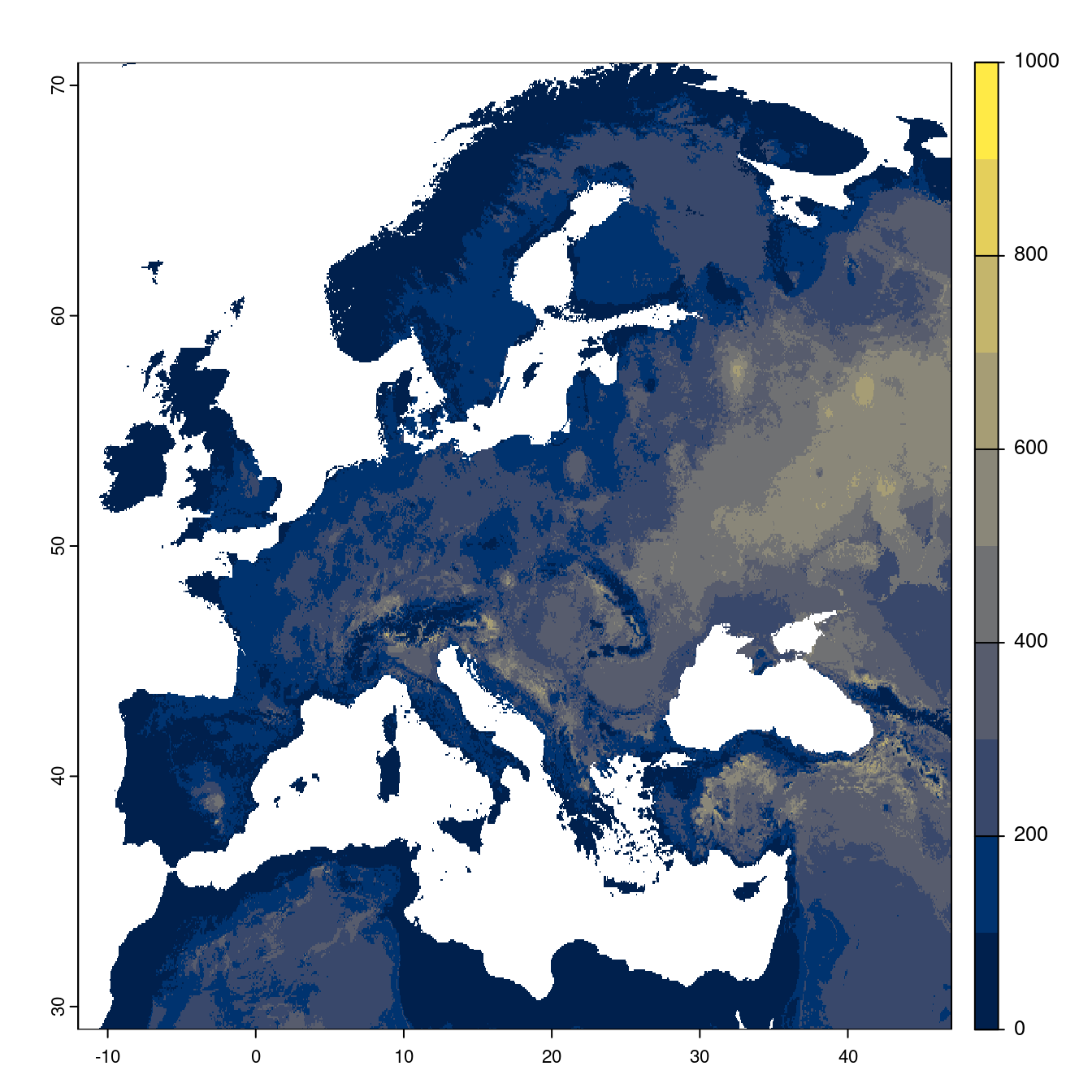 Projection des distributions potentielles futures jusqu'à l'horizon 2100 sous le scénario SSP3-7.0 (modèle d'ensemble).