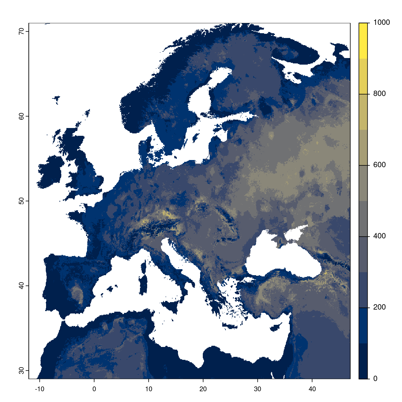 Projection des distributions potentielles futures jusqu'à l'horizon 2100 sous le scénario SSP5-8.5 (modèle d'ensemble).