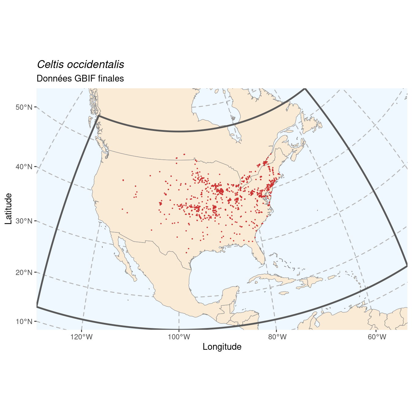 Occurrence de Celtis occidentalis dans la région d'endémisme après sous-échantillonnage éventuel.