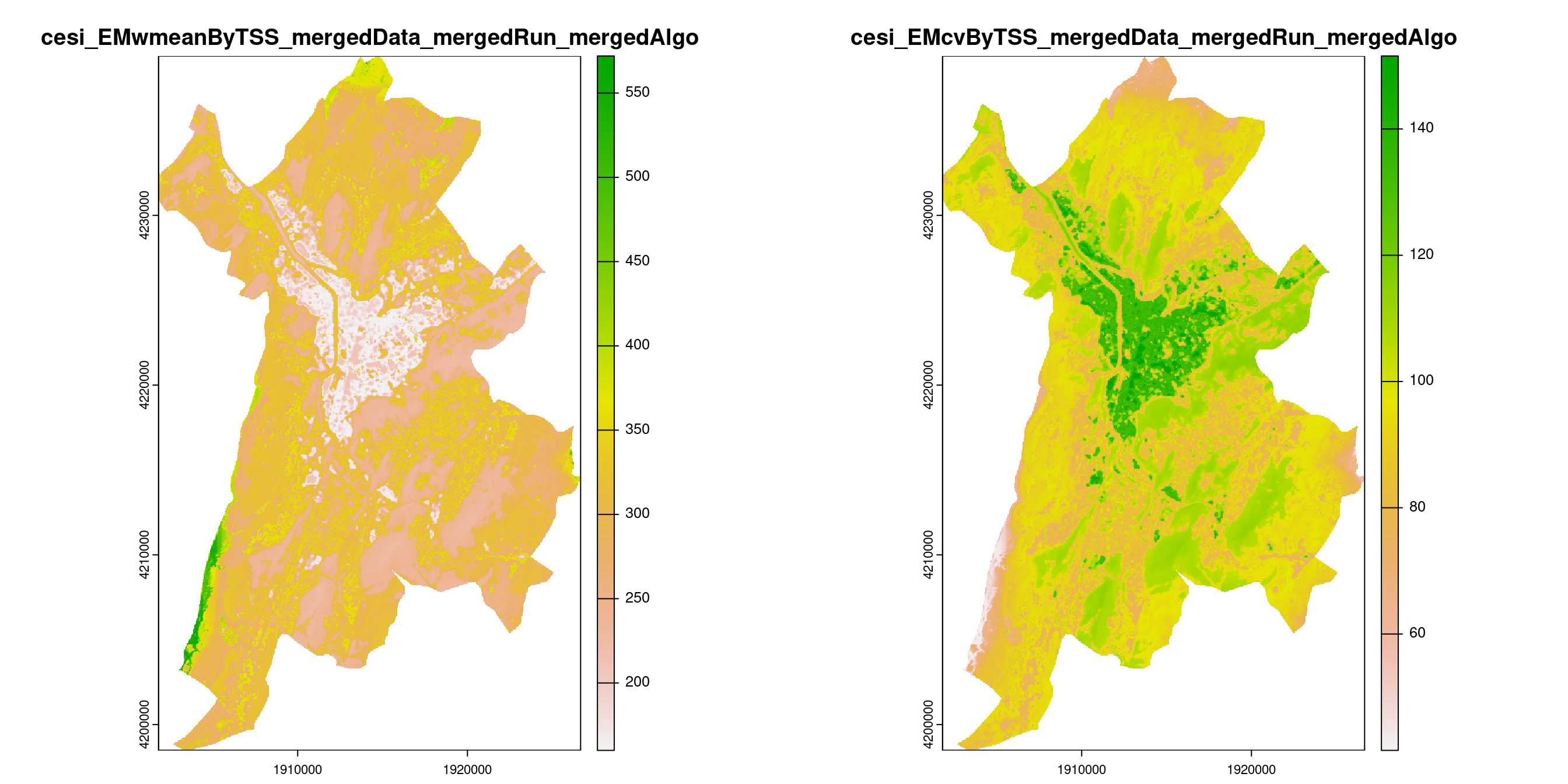 A) Projection de la distribution potentielle contemporaine (modèle d'ensemble) sur la métropole de Grenoble ; B) Incertitude associée à la projection.