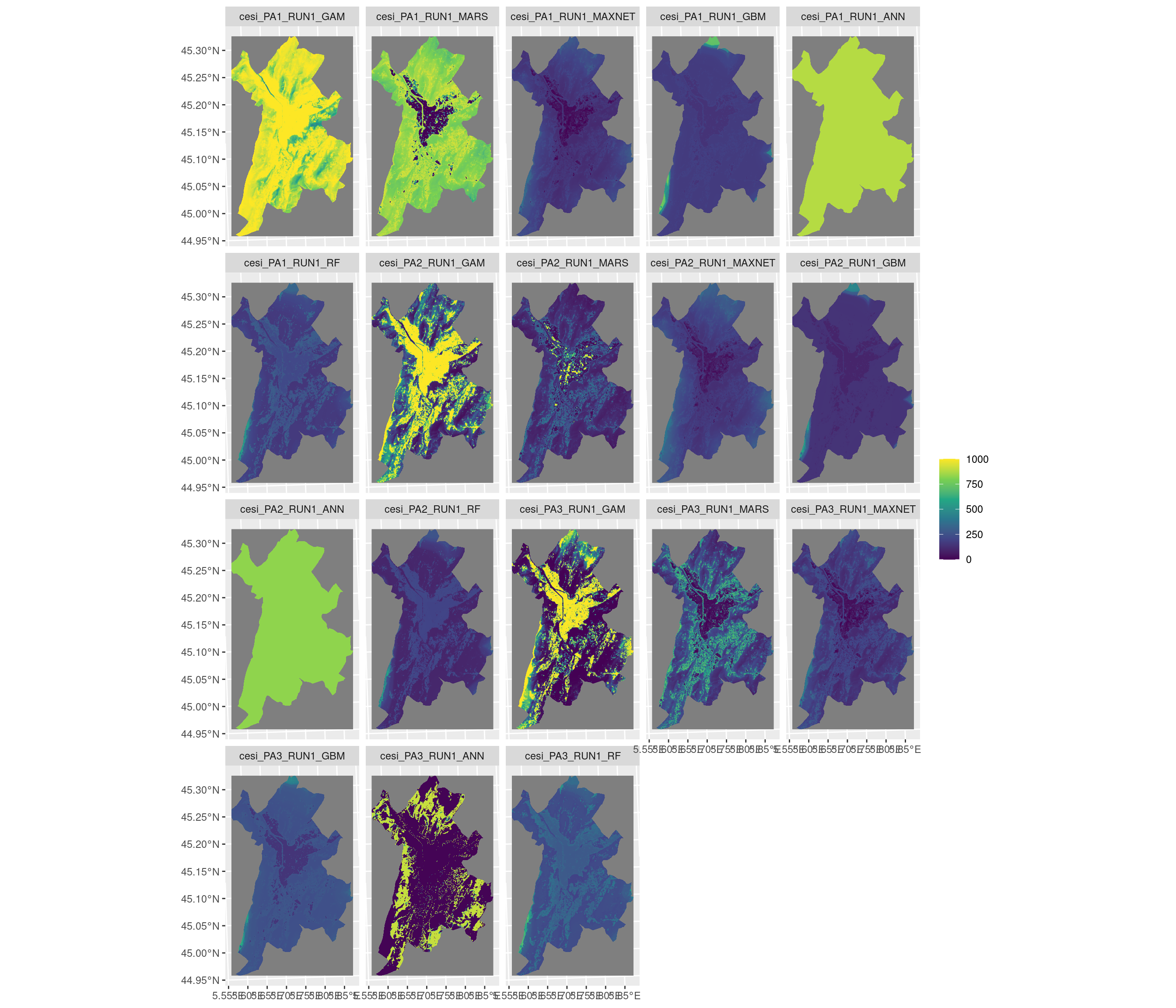 Projection de la distribution potentielle contemporaine sur la métropole de Grenoble, selon les 6 algorithmes et les 3 runs.