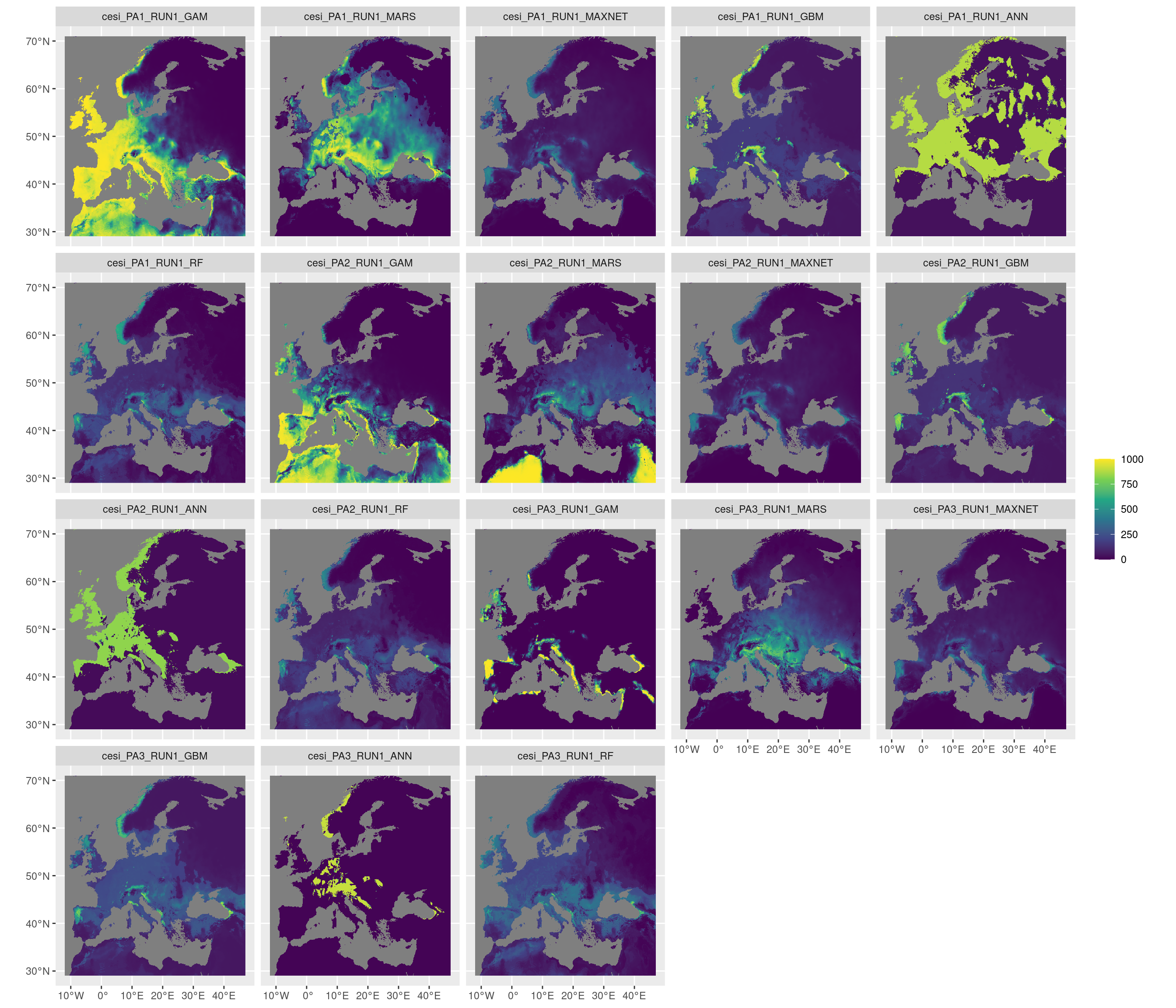 Projection de la distribution potentielle contemporaine sur l'Europe, selon les 6 algorithmes et les 3 runs.