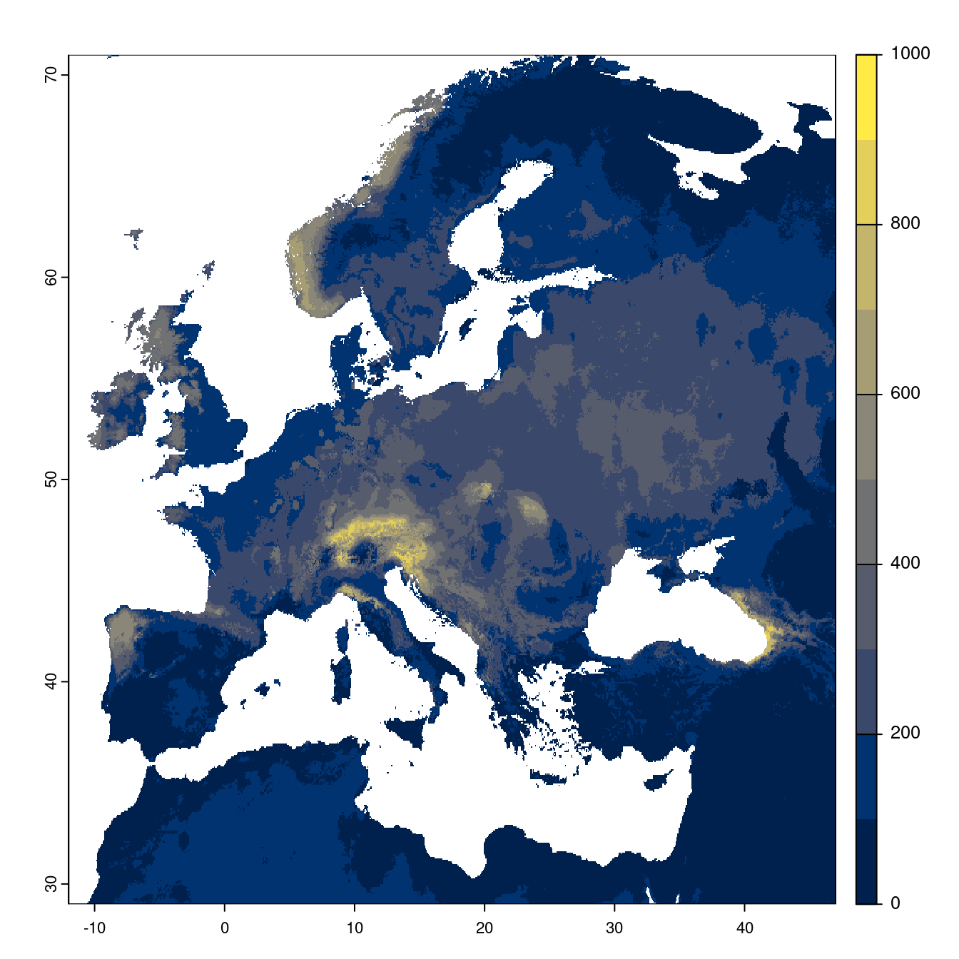 Projection des distributions potentielles futures jusqu'à l'horizon 2100 sous le scénario SSP3-7.0 (modèle d'ensemble).