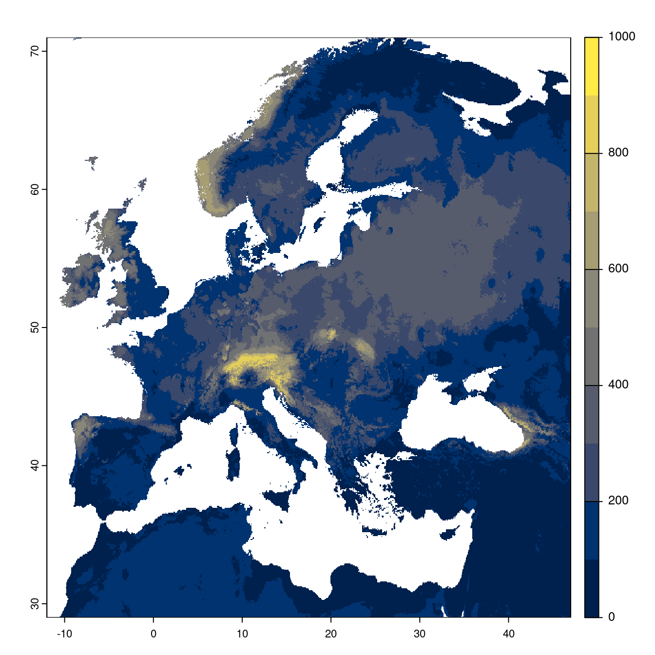 Projection des distributions potentielles futures jusqu'à l'horizon 2100 sous le scénario SSP3-7.0 (modèle d'ensemble).