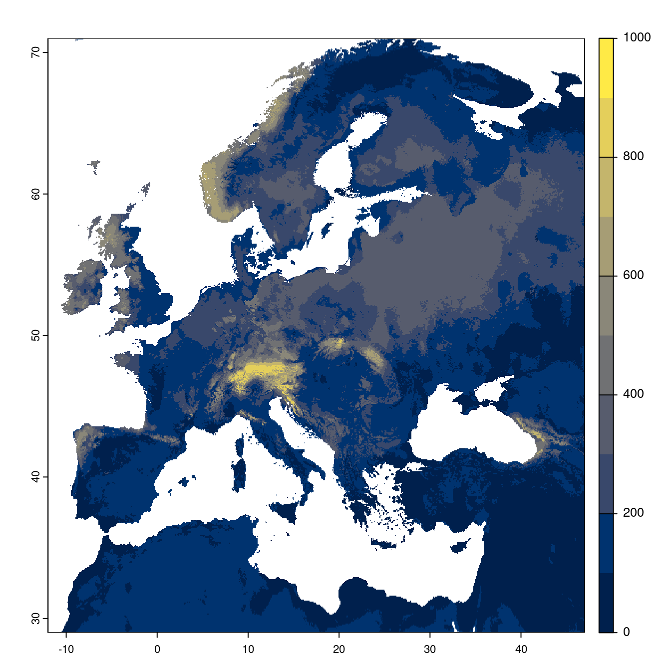 Projection des distributions potentielles futures jusqu'à l'horizon 2100 sous le scénario SSP5-8.5 (modèle d'ensemble).