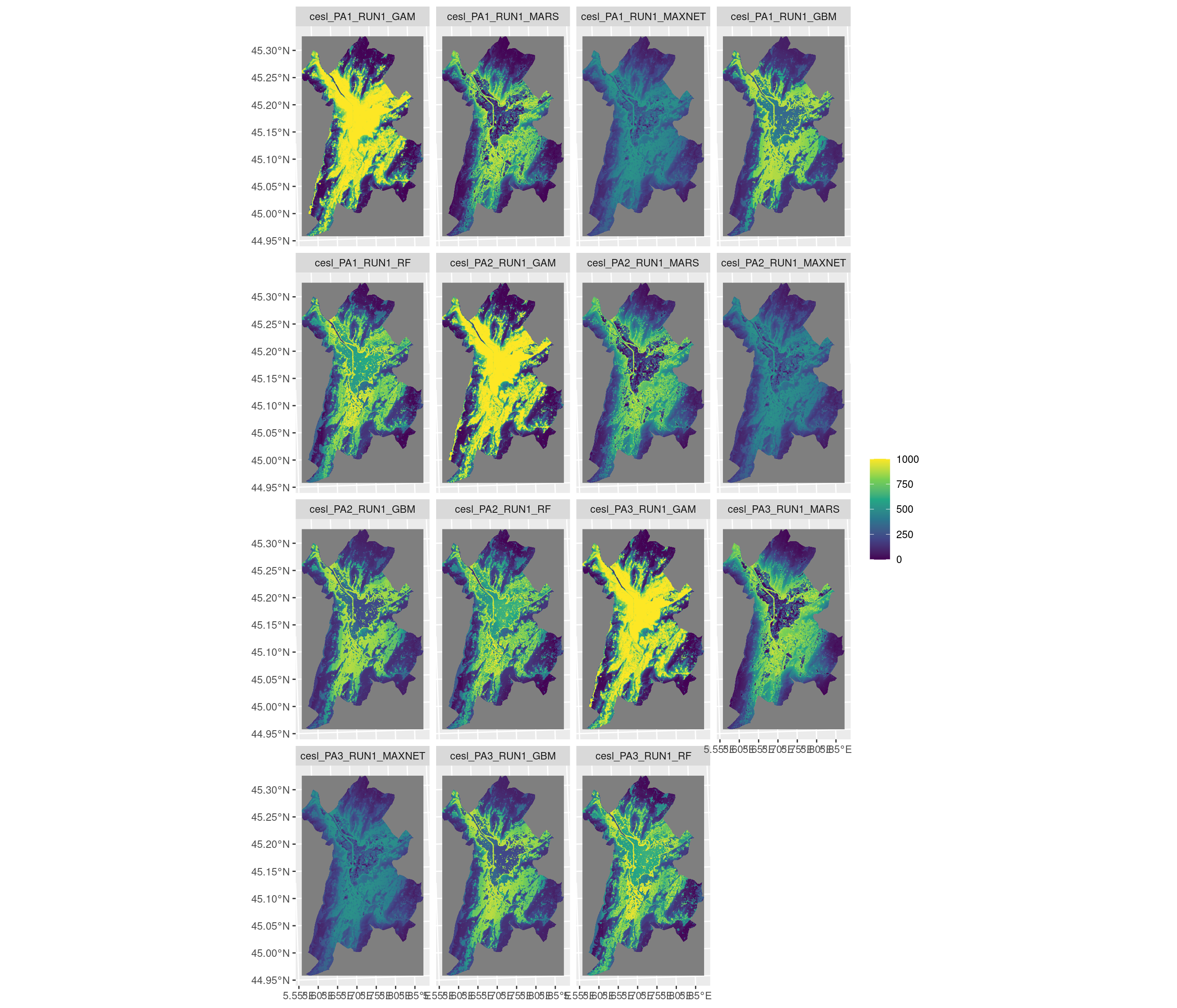 Projection de la distribution potentielle contemporaine sur la métropole de Grenoble, selon les 6 algorithmes et les 3 runs.